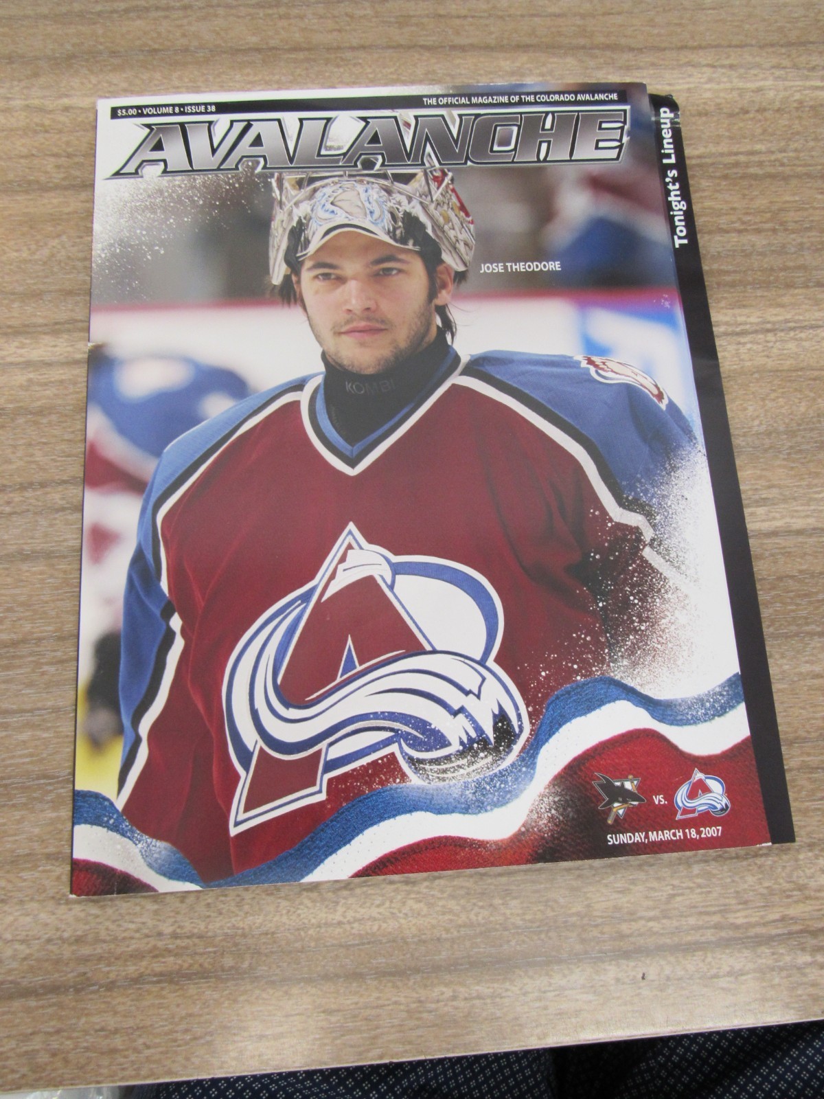 2006-07 Avalanche vs Sharks Program 3/18/07 Jose Theodore w/ Roster Card