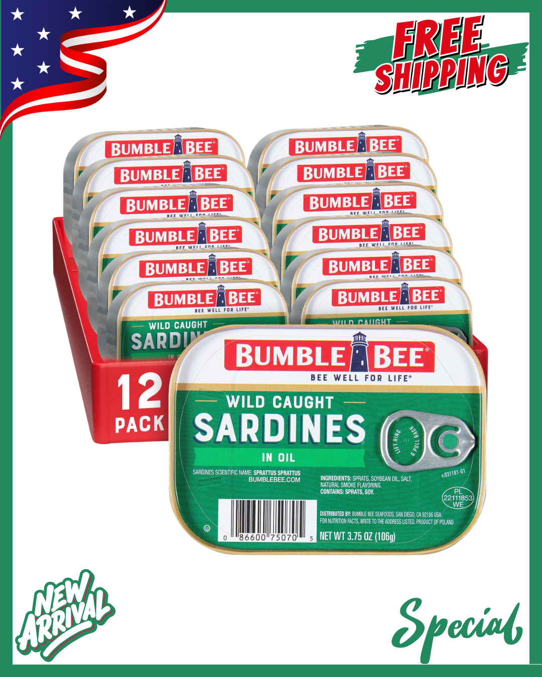 Sardines in Oil, 3.75 Oz Tin (Pack of 12) - Wild Caught, Gluten Free, Keto, Kosh