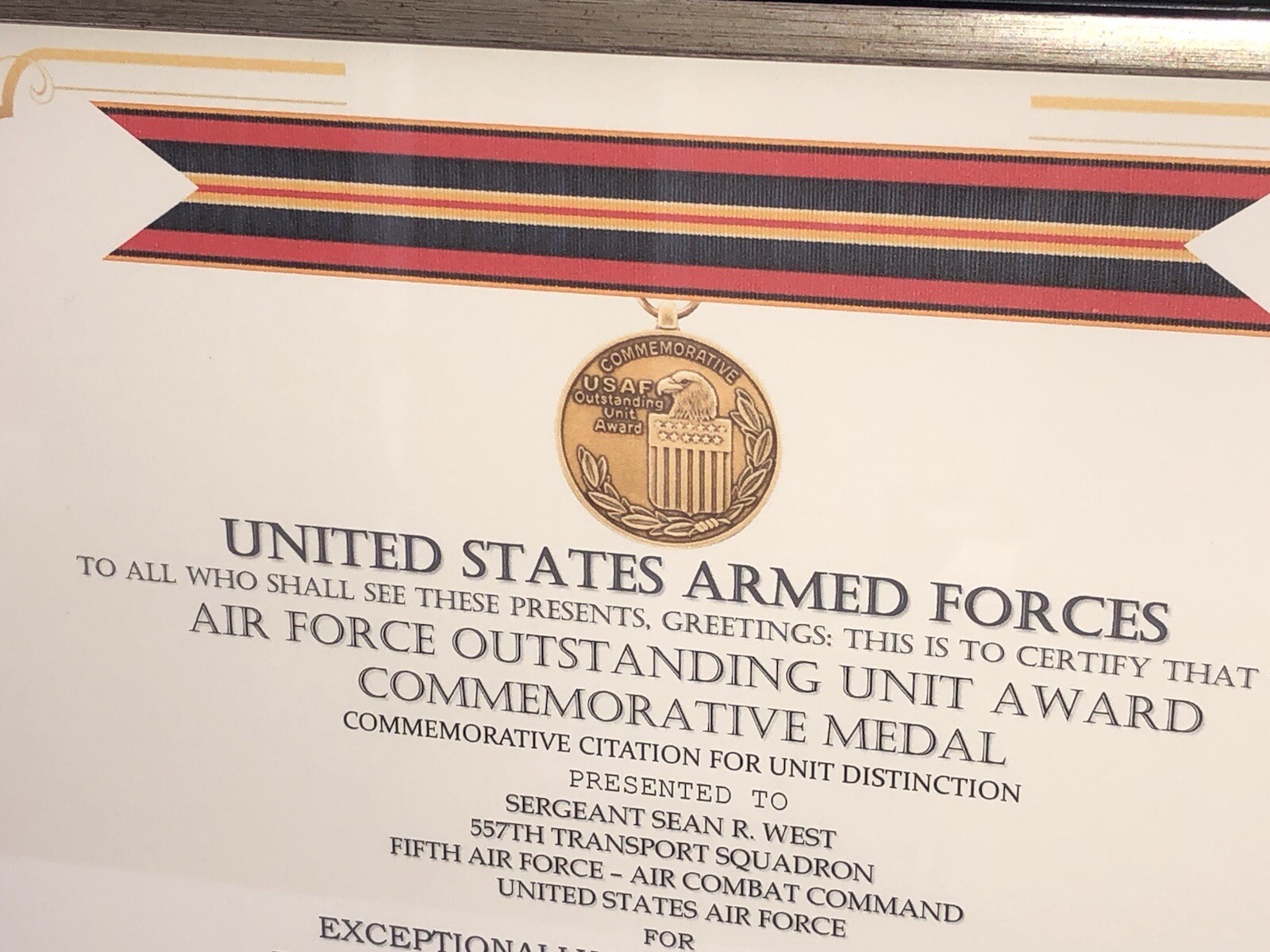 AIR FORCE OUTSTANDING UNIT AWARD COMMEMORATIVE MEDAL CERTIFICATE ~ Type 1