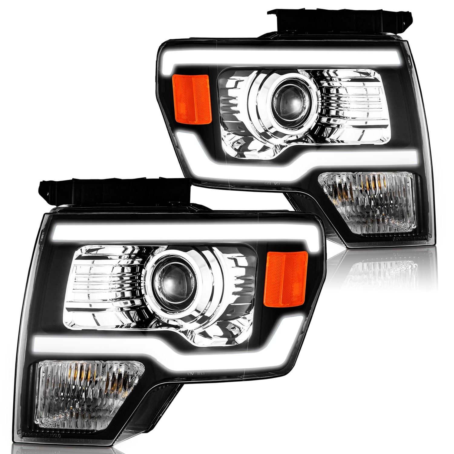 For 2009-2014 Ford F150 Pickup Dual LED DRL Projector Black Headlights L+R Pair