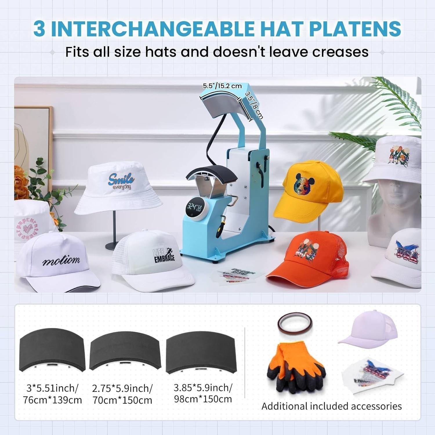 3-in-1 Auto Hat Heat Press Machine for Caps with 3 Pcs Interchangeable Platens💜