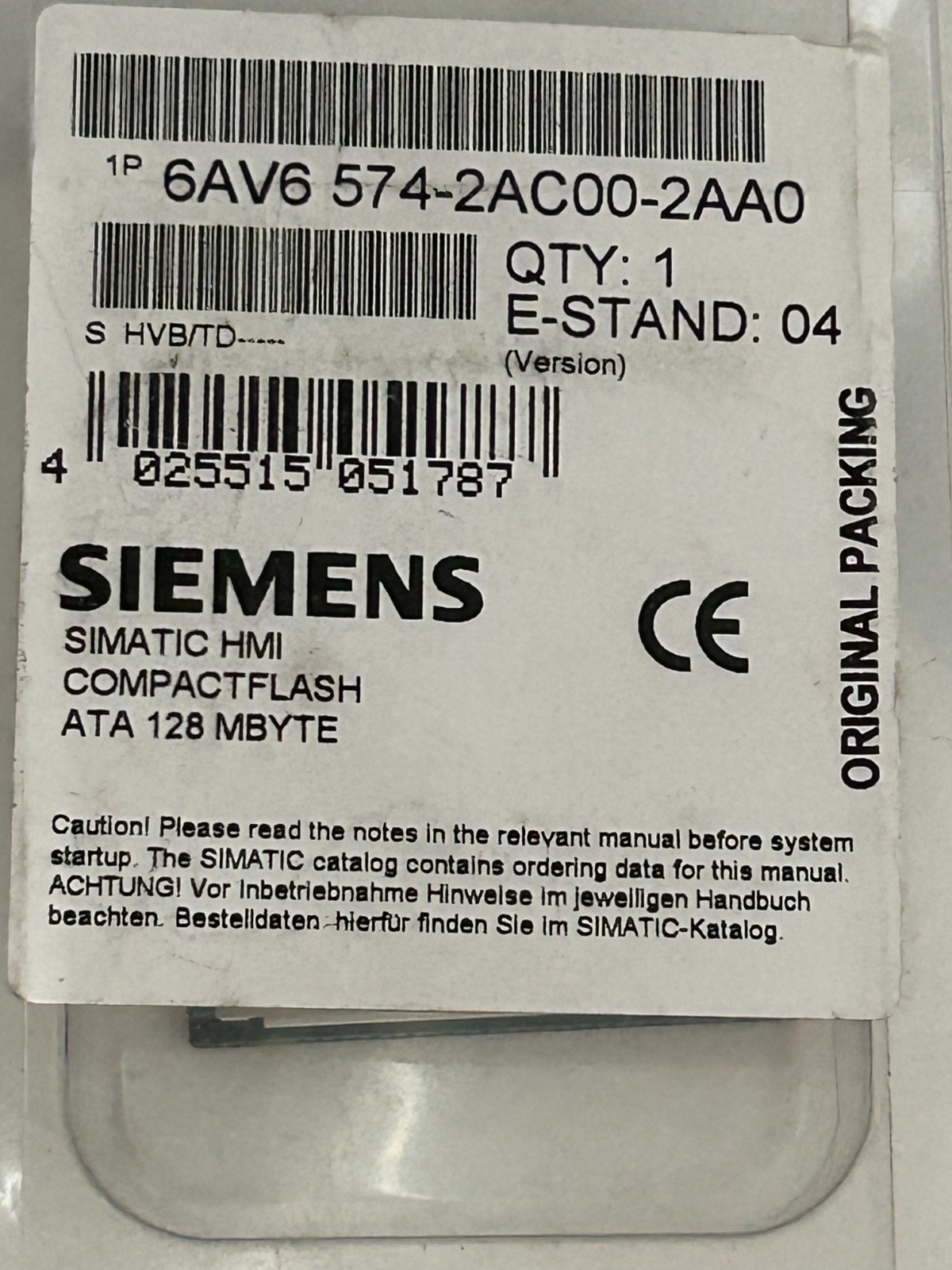 SIEMENS Simatic HMI CompactFlash ATA 128MB PN-6AV6574-2AC00 USED Tested