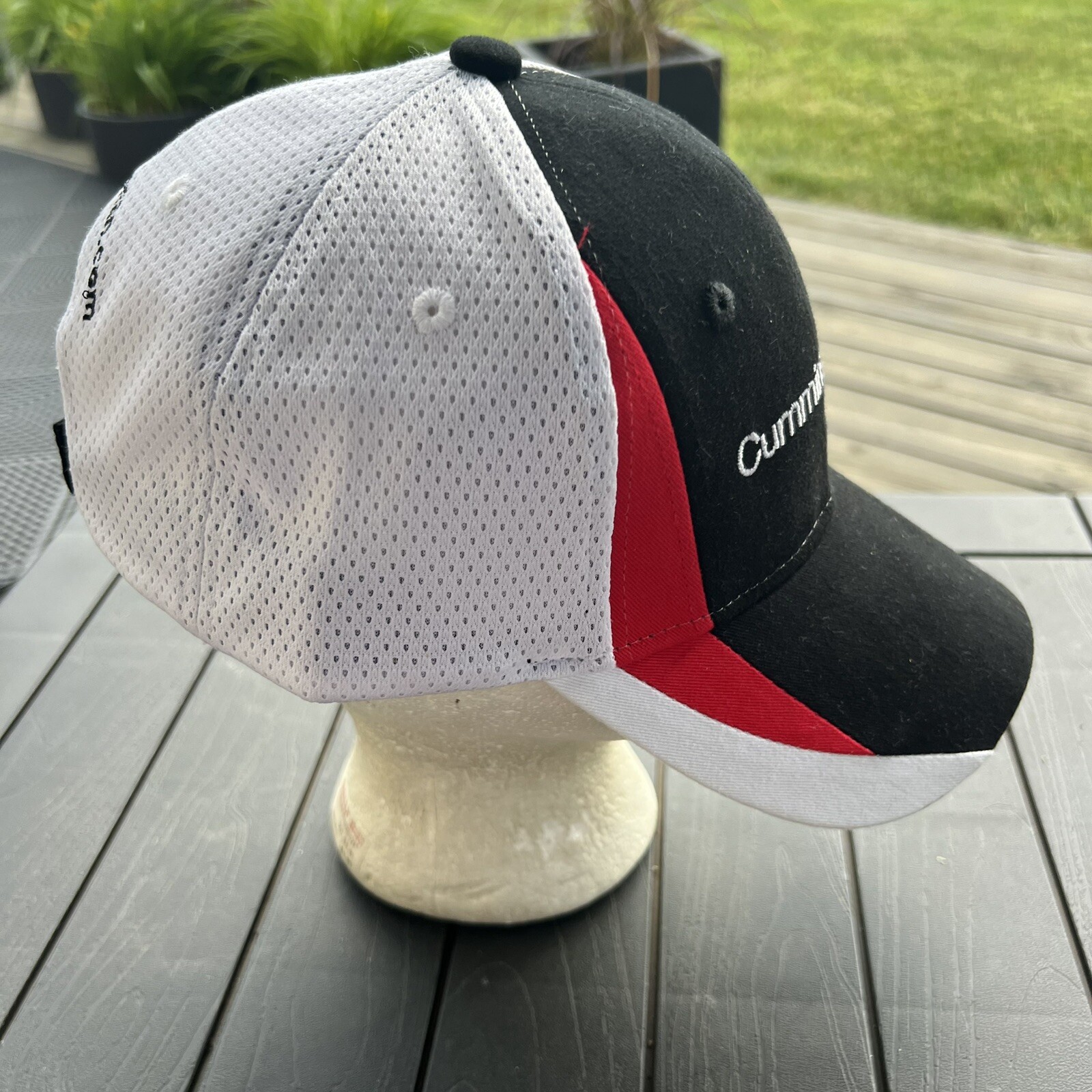 Cummins Onan White Hat Cap w Red and Black Accents Hook Loop Side Cummins Logo