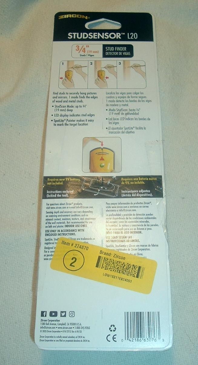 Zircon StudSensor L20 Metal & Wood Stud Finder