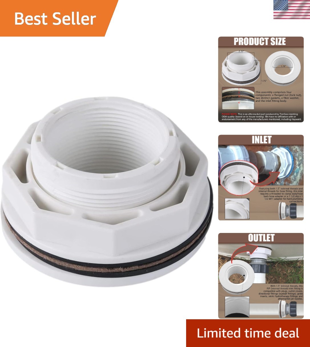 Reliable 1.5" Pool Inlet Return Fitting with Locknut & Gasket for Hayward SP1023