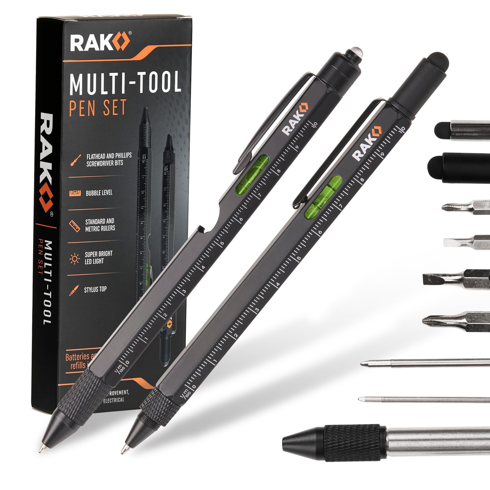 RAK Multitool Pen - Multi-Tool Set 11 in 1, Pocket Size (2 count), Black