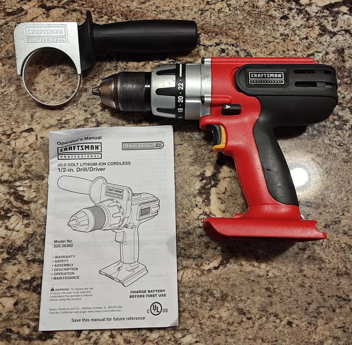 CRAFTSMAN Professional 1/2 inch 20v Drill Driver Handle Manual 320.26302 Tested