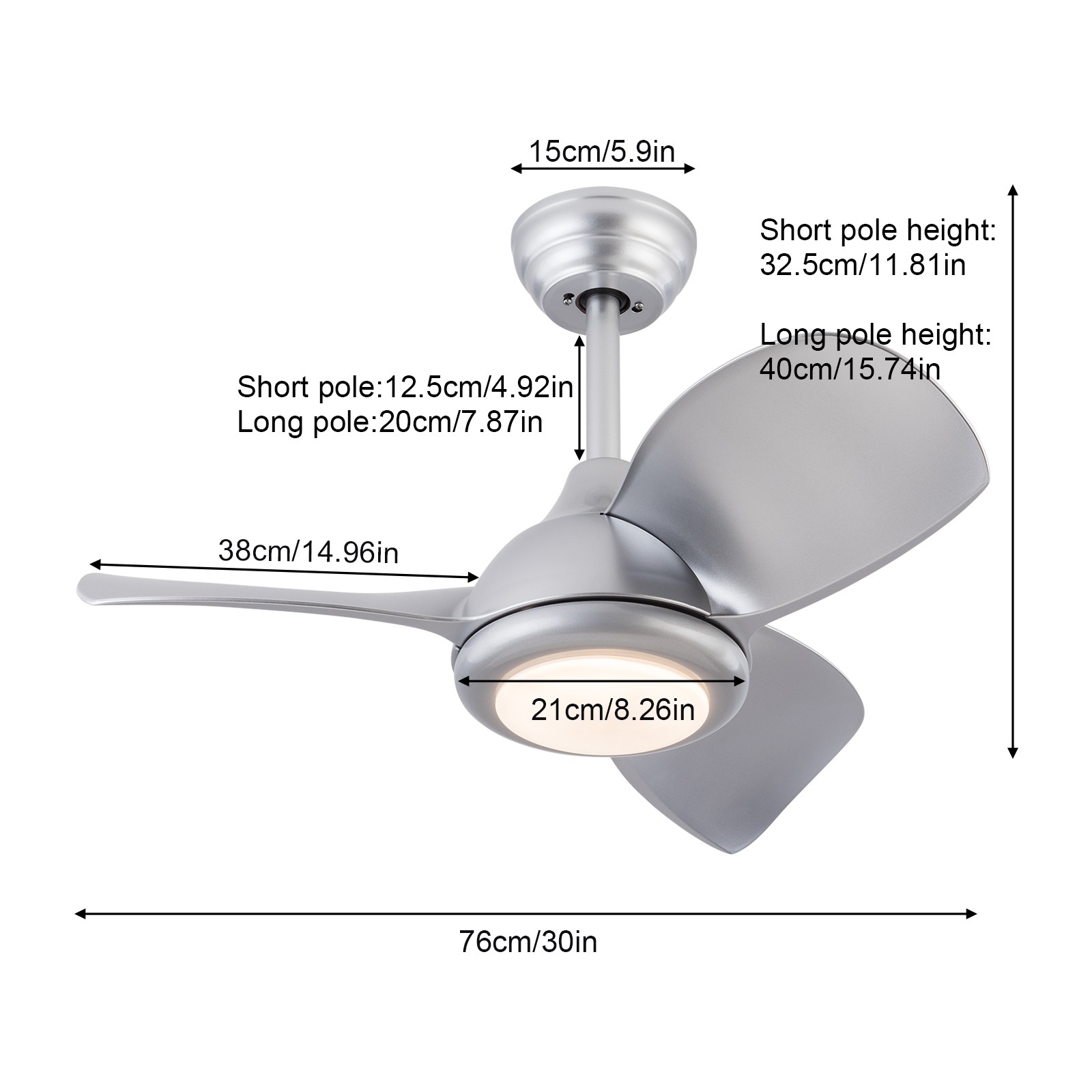 30 Inch Silver Ceiling Fan with Light & Remote Control , 3 Blades Design New