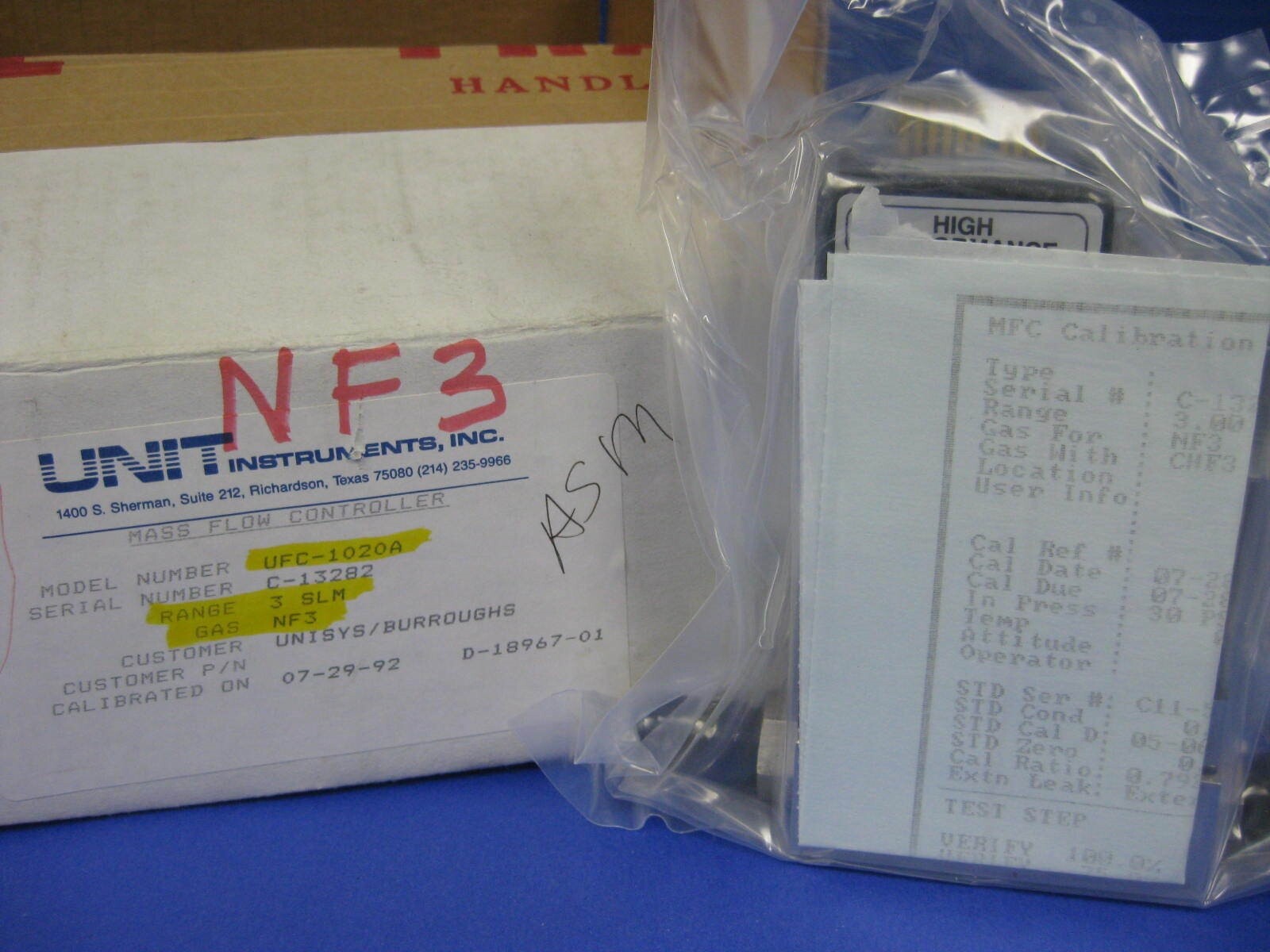 Unit UFC-1020A Mass Flow Controller, NF3, 3 SLM, Refurbished