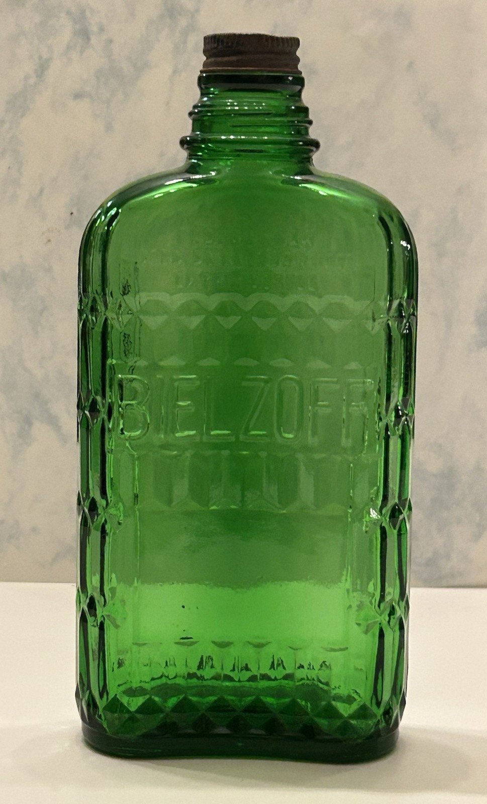VTG 1 Pint Bielzoff Emerald Green Glass Liquor Whiskey Gin Bottle - Etched