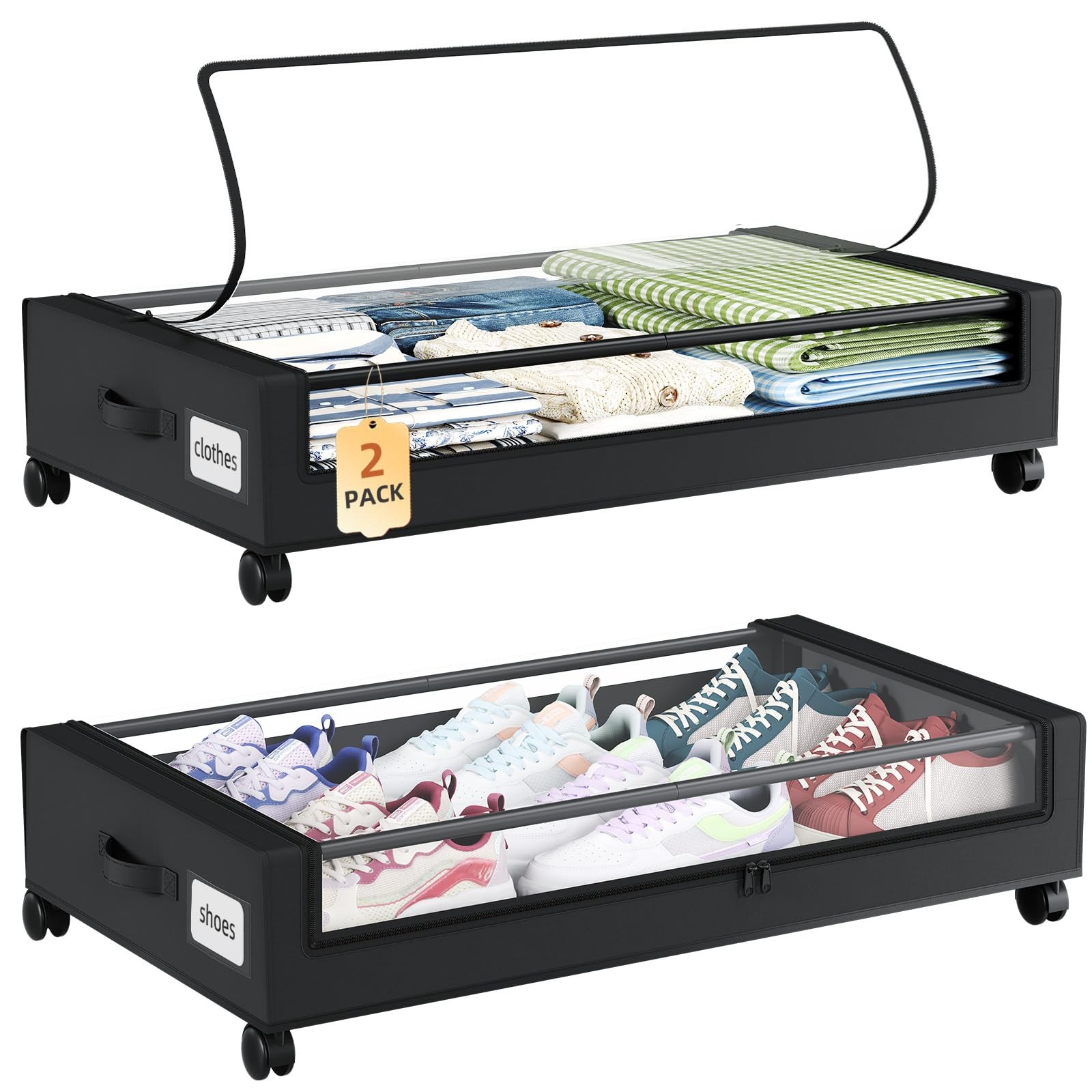 Somdot Under Bed Storage with Wheels, 2 Pack 30.9 x 17.1 x 6.7 inches, Black