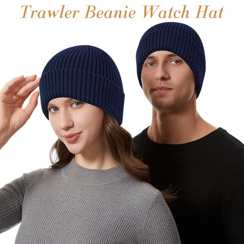 Fisherman Beanies for Men Women, Soft Warm Knit Winter Hats Trawler Navy Blue