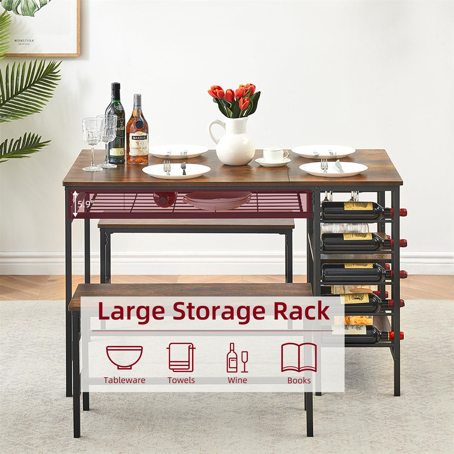 Dining Table Set with Wine Rack for 4 Kitchen Table Set for 4 with 2 Benches