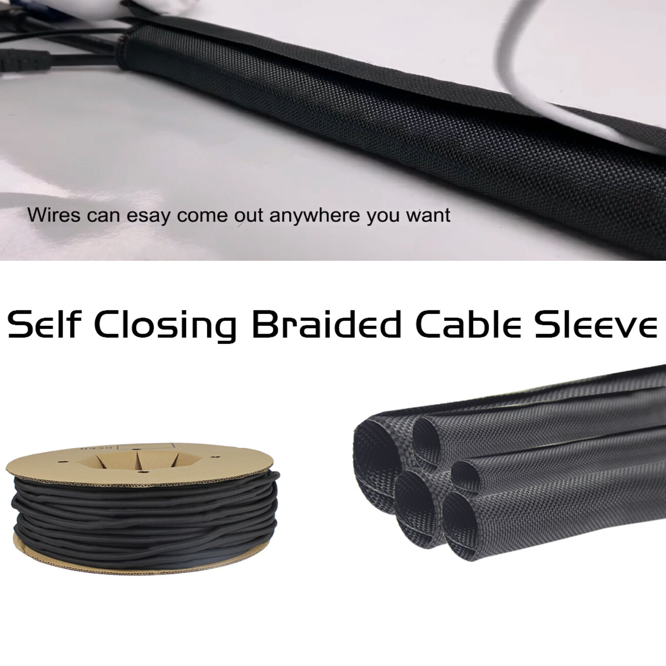 Electric Cable Wire Loom Braided Split Sleeving Tubing Cord Sleeve PET LOT Black