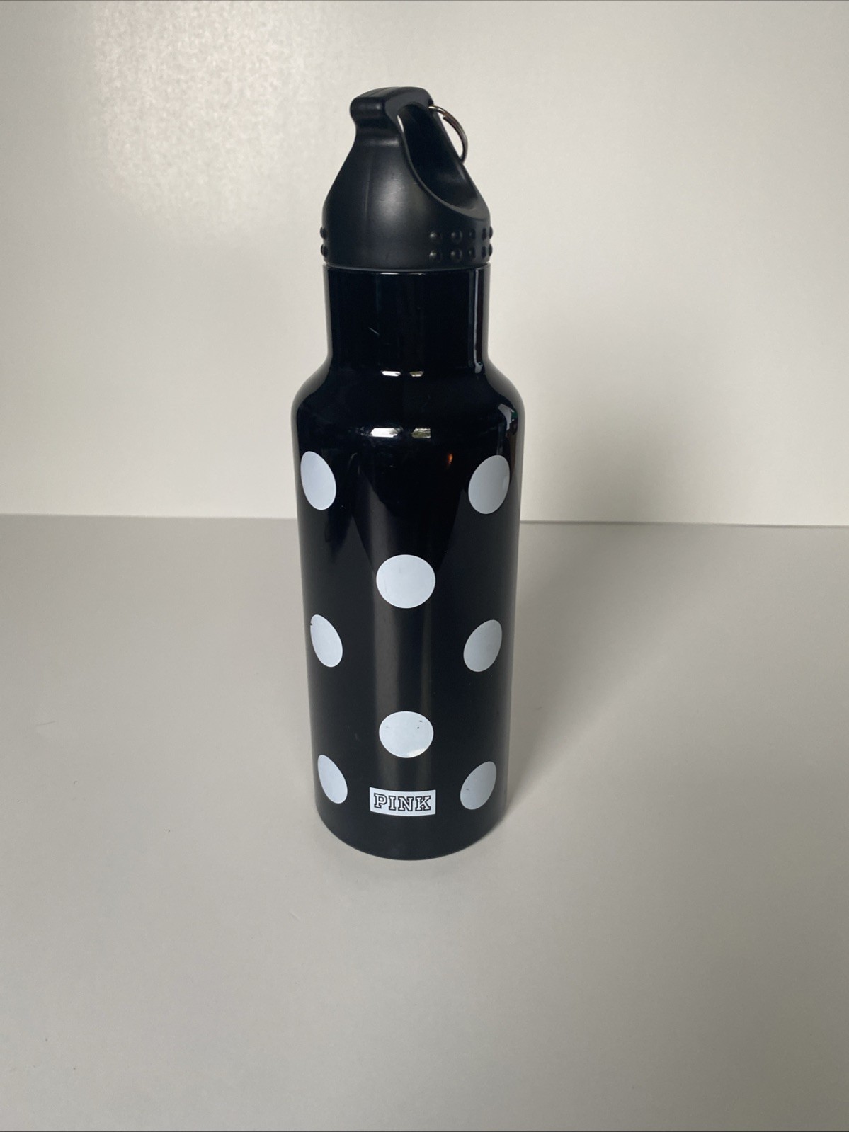 Victoria’s Secret “PINK” Black water bottle w/ Polkadots & Clip. 20 Oz. BPA Free