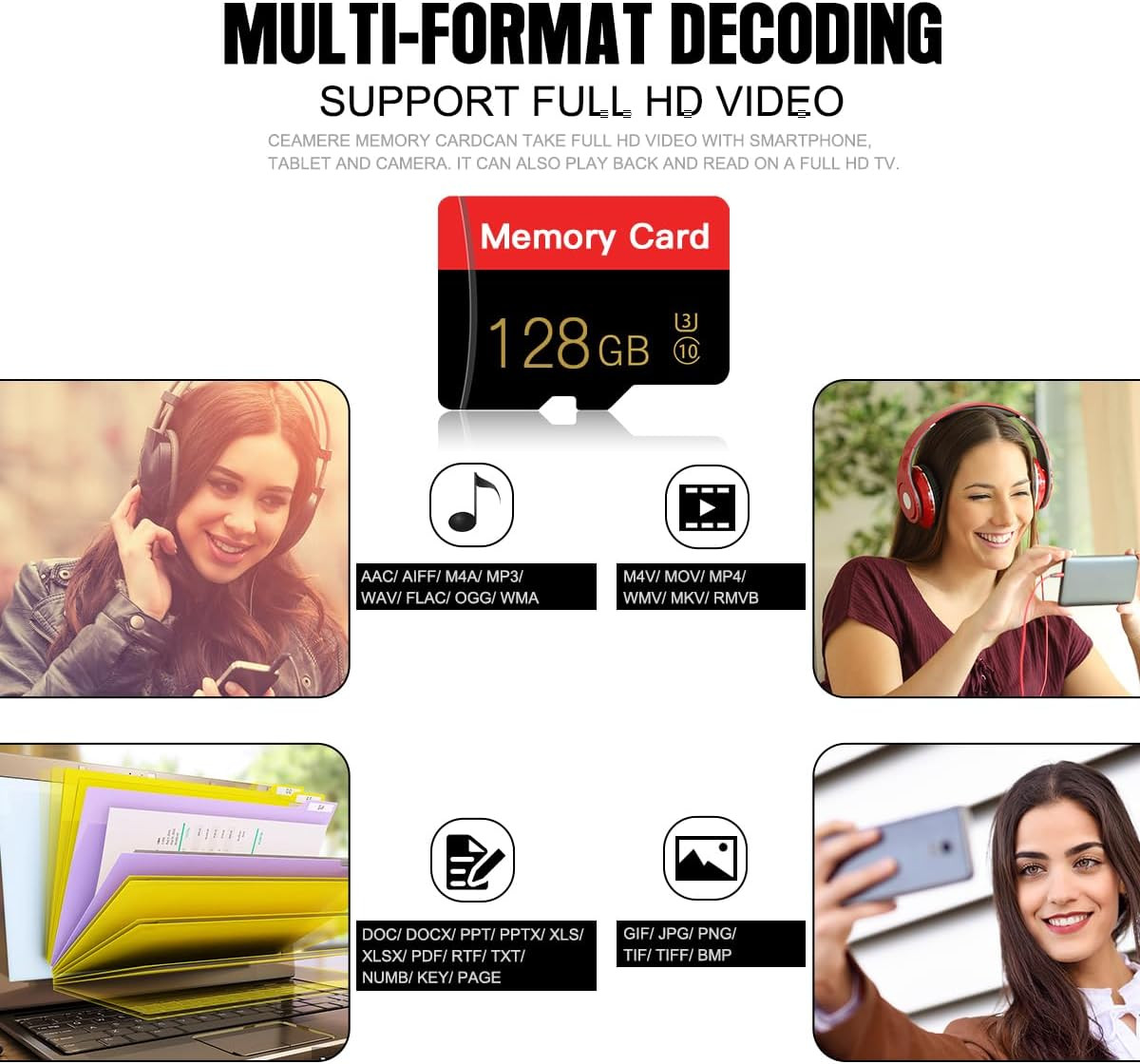 2 Pack Micro Memory Card 128 GB with Adapter, C10/UHS-I/A1 Transflash Card, TF C