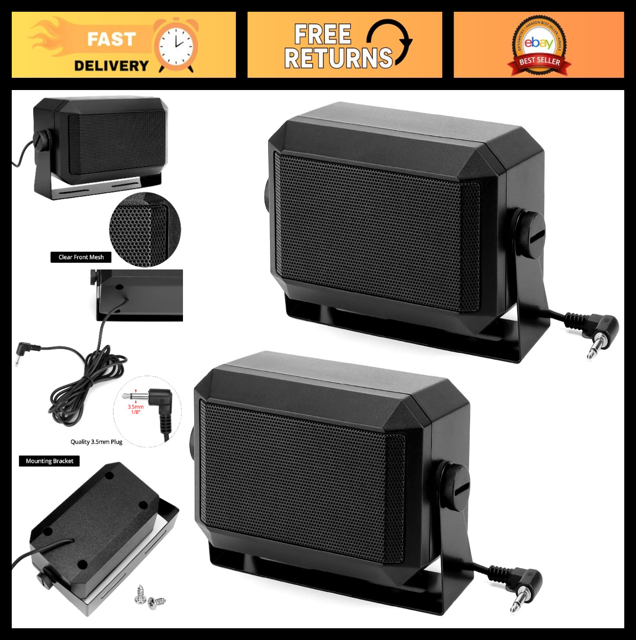 2 Pack 5W External Communication Speakers - 8 Ohm, 3.5mm Plug for Ham Radio, CB,
