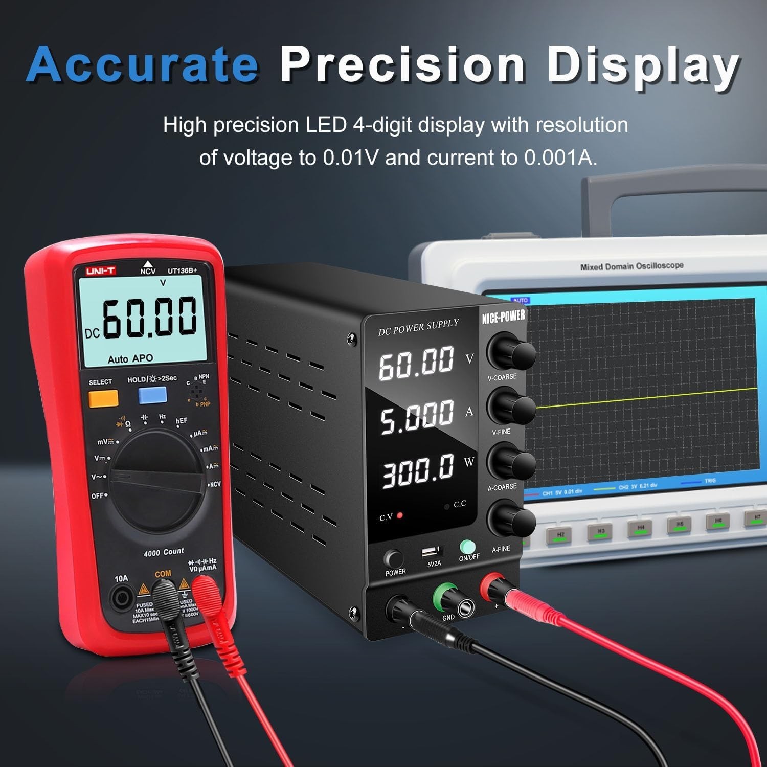 Variable 60V 5A Bench Power Supply: 300W Regulated w/ Output Switch