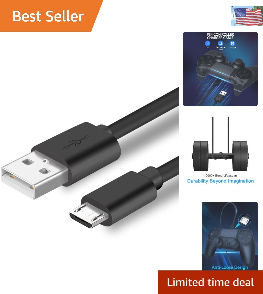 3FT Micro USB Charger for PS4 Controllers & Xbox - Play While Charging