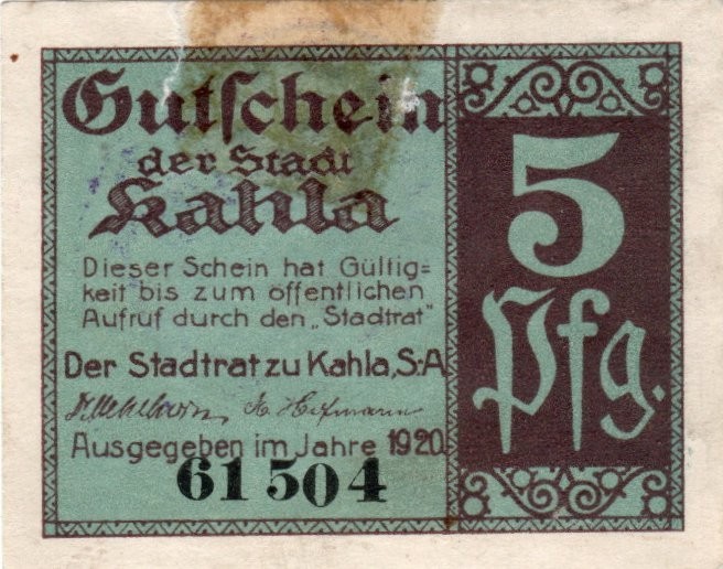 Notgeld Kahla (Germany) 5 Pfennig GRA K1.6c