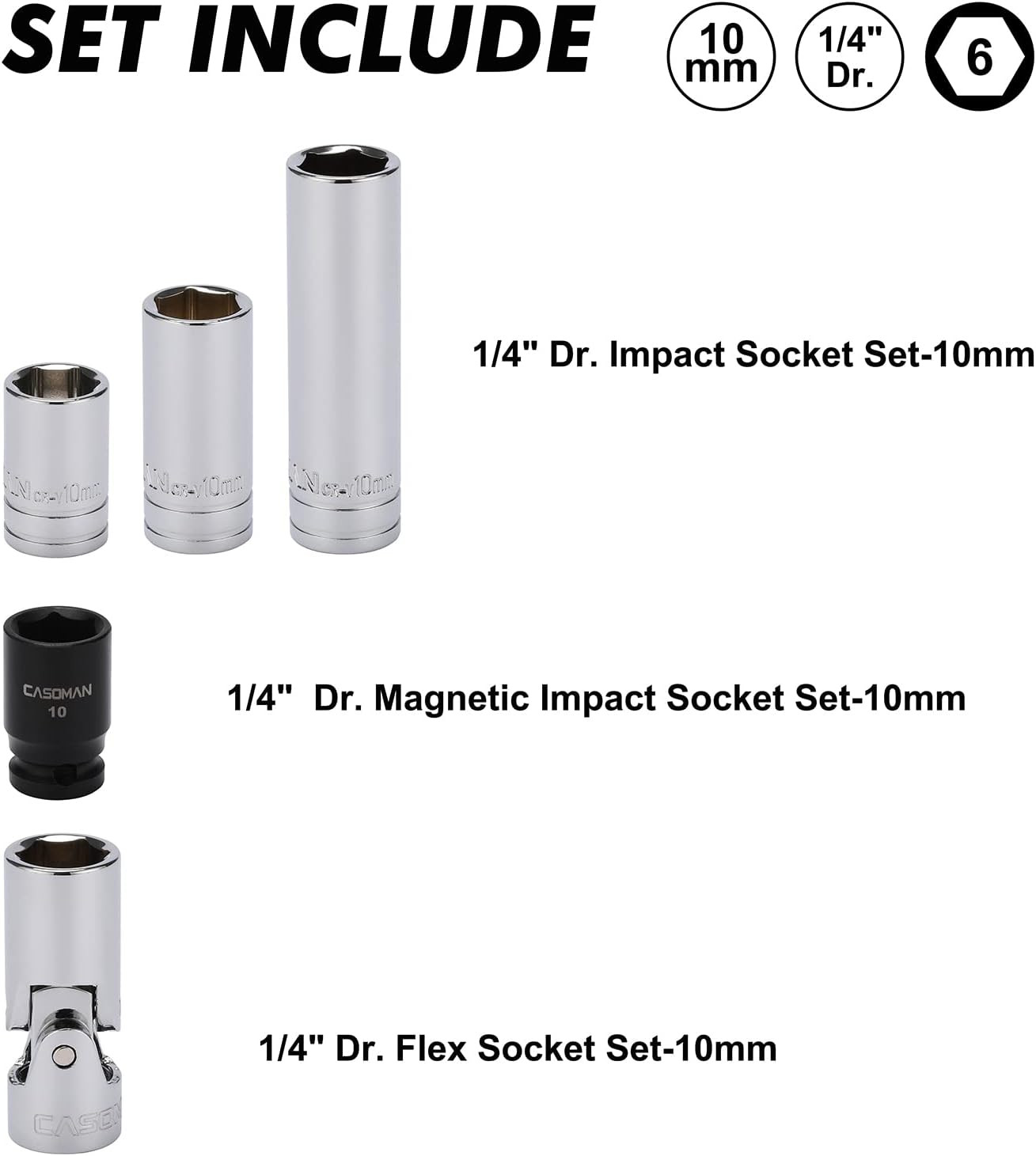 10Pcs Impact Socket & Flex Socket Set, 1/4" & 3/8" Dr., 6-Point, 10Mm, Metric, I