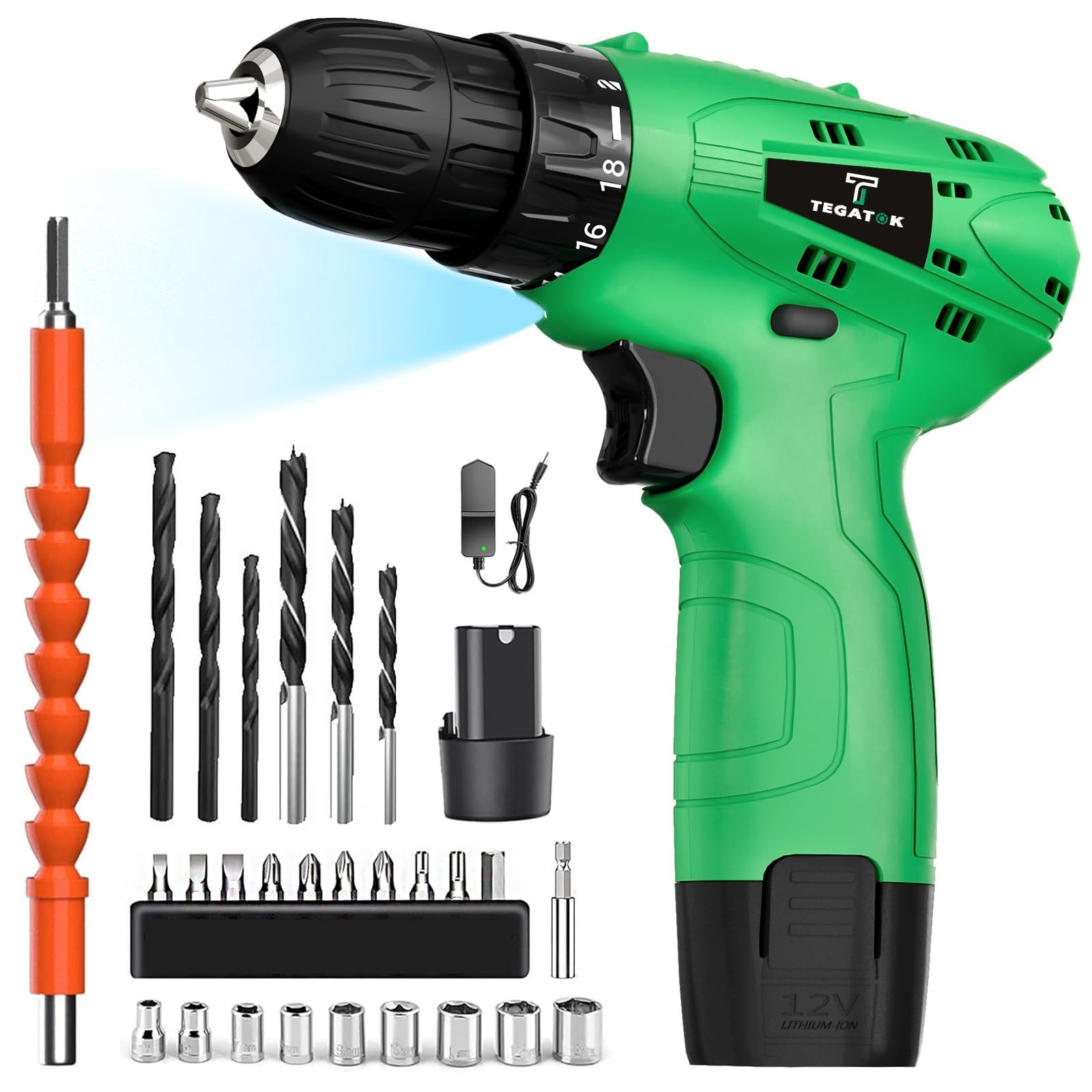 Tegatok Cordless Drill Set,12V Power Set with Battery and Green