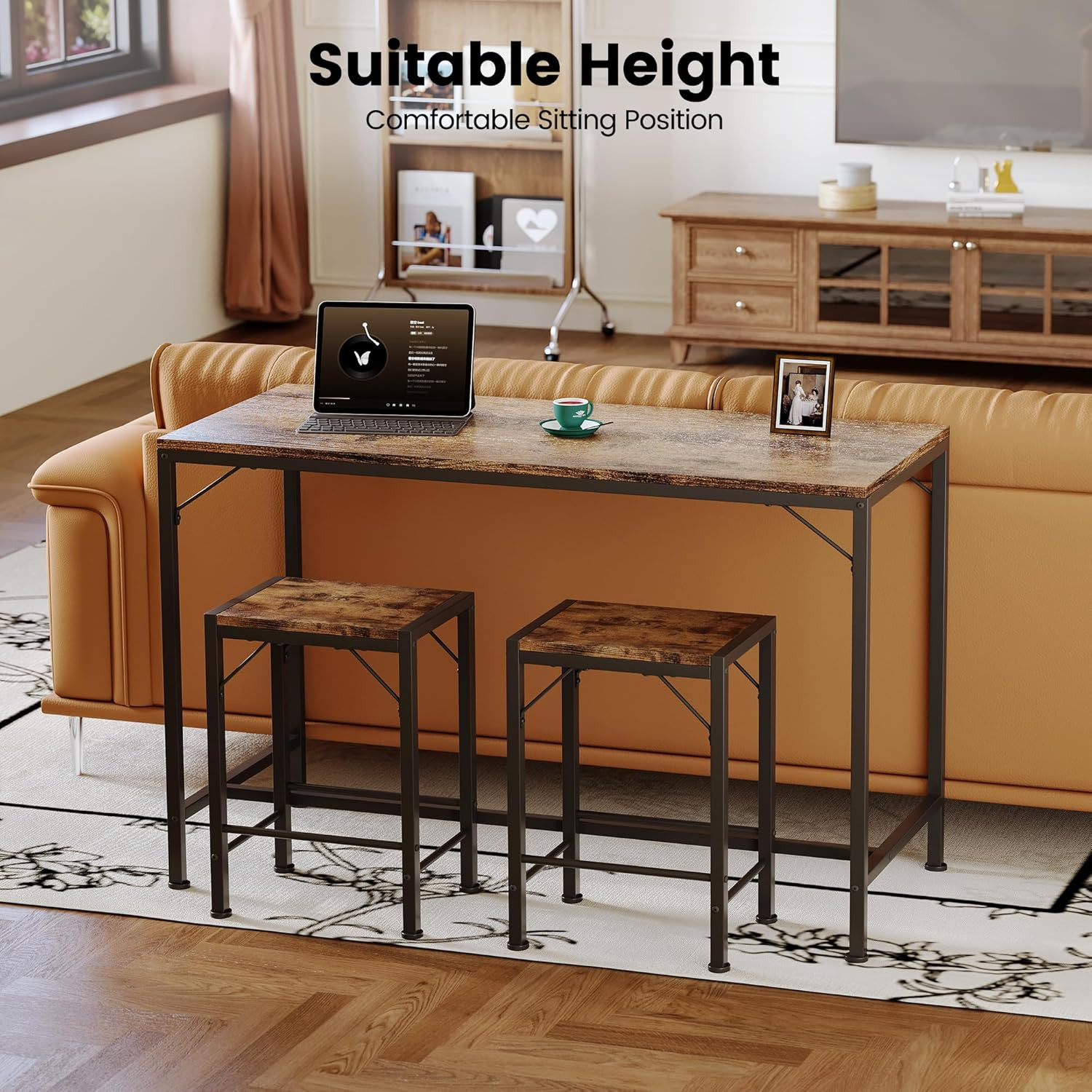 Bar Table and Chairs Set, Bar Table with 2 Stools, Space-Saving Dining Pub Set f
