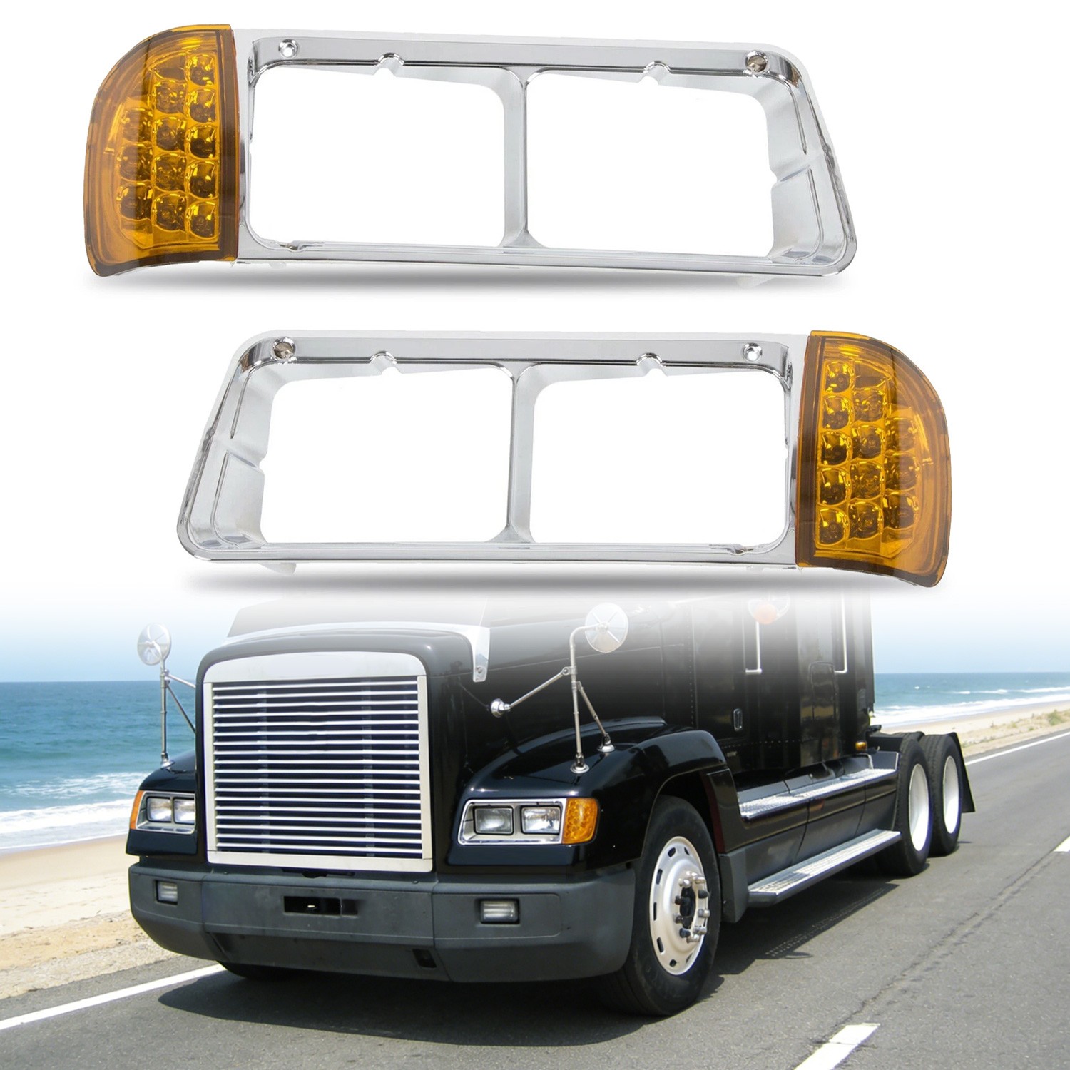 Fit For Freightliner FLD120 Headlight Bezel w/ LED Turn Signal Corner Light Lamp