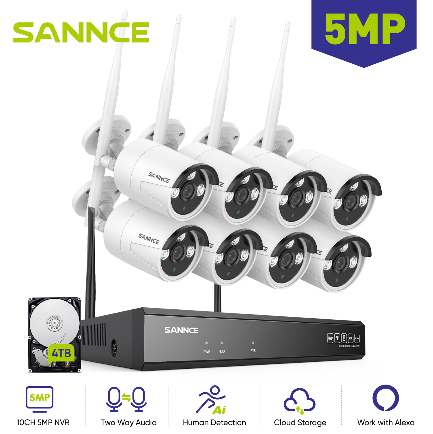 SANNCE Wireless 8CH 5MP Security Camera System 2-Way Audio Human Detection IP67