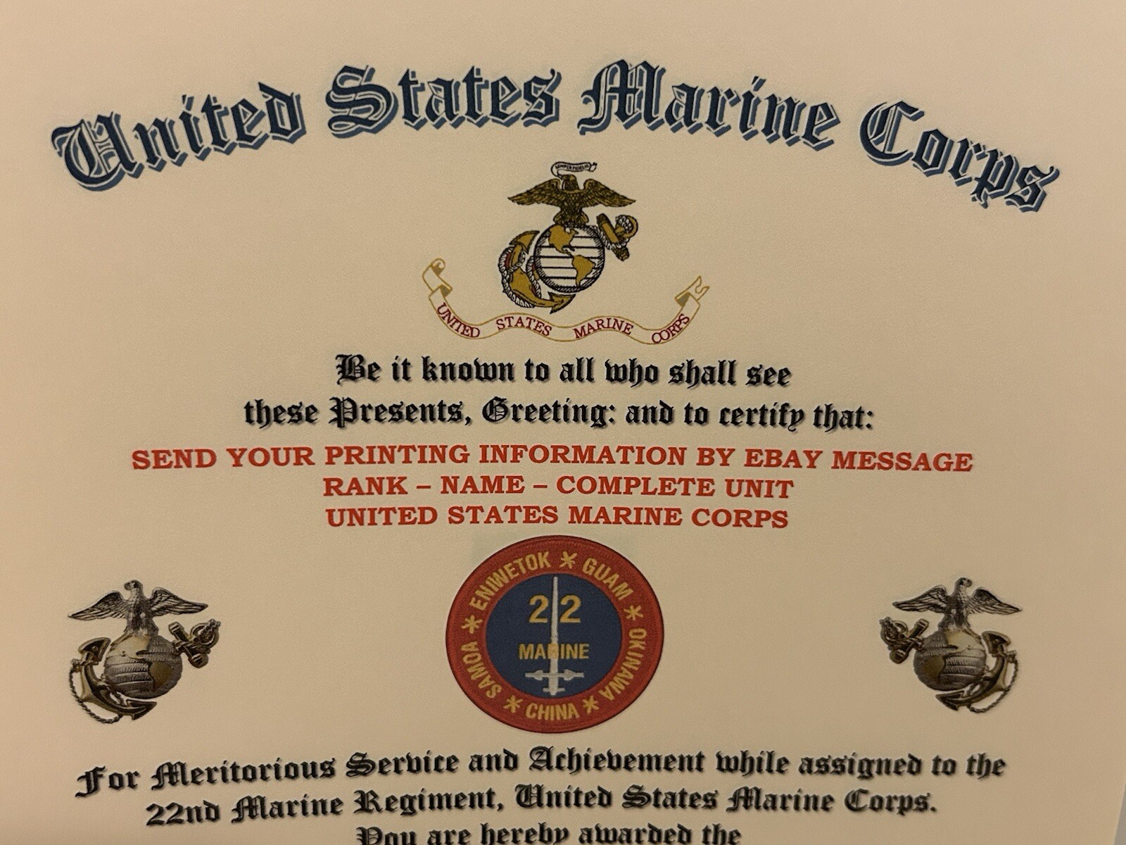 U.S.M.C. / 22ND MARINE REGIMENT - REGIMENTAL COMMENDATION AWARD CERTIFICATE