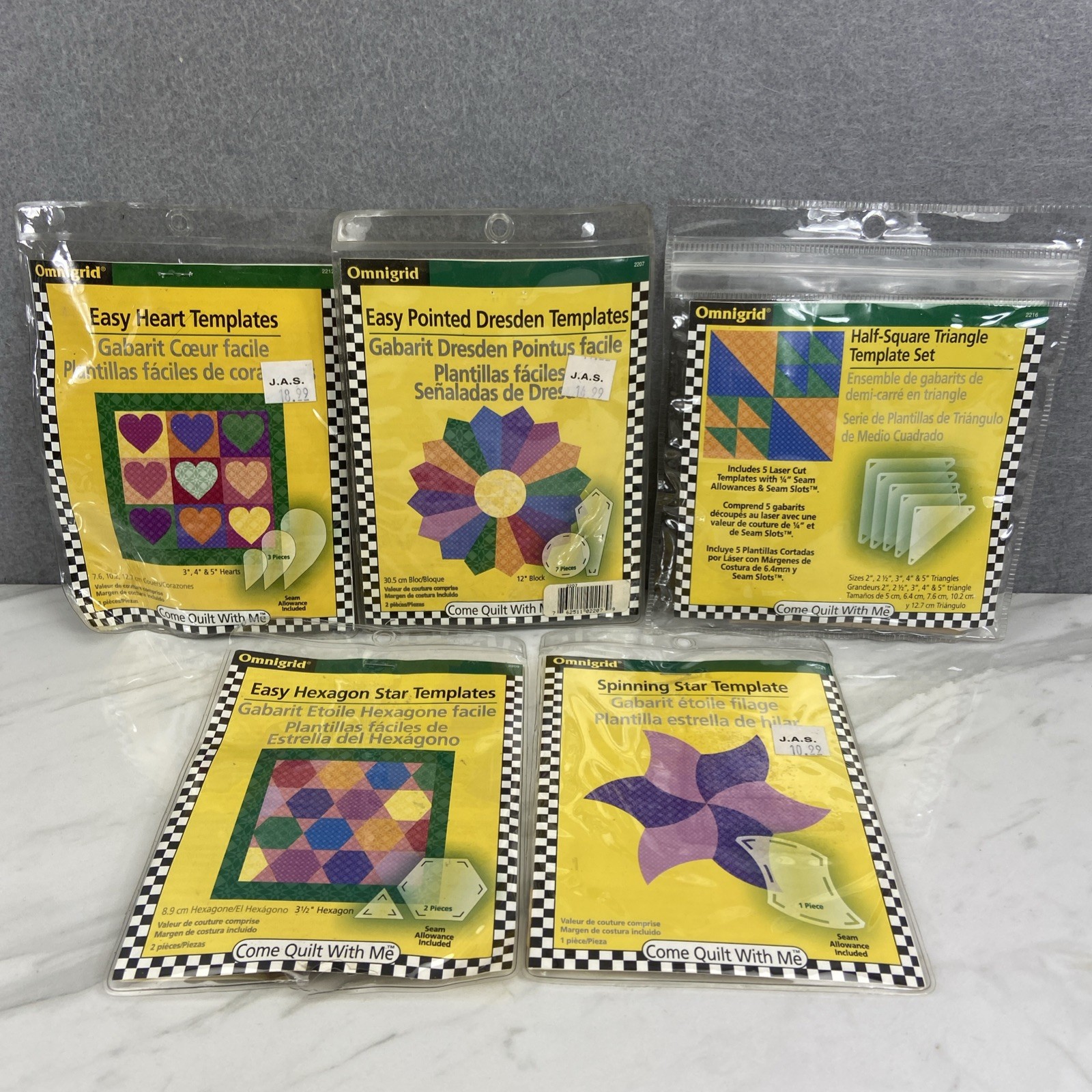Omnigrid Quilt Templates Lot of 5- Heart Dresden Hexagon Spinning Star Half Squa