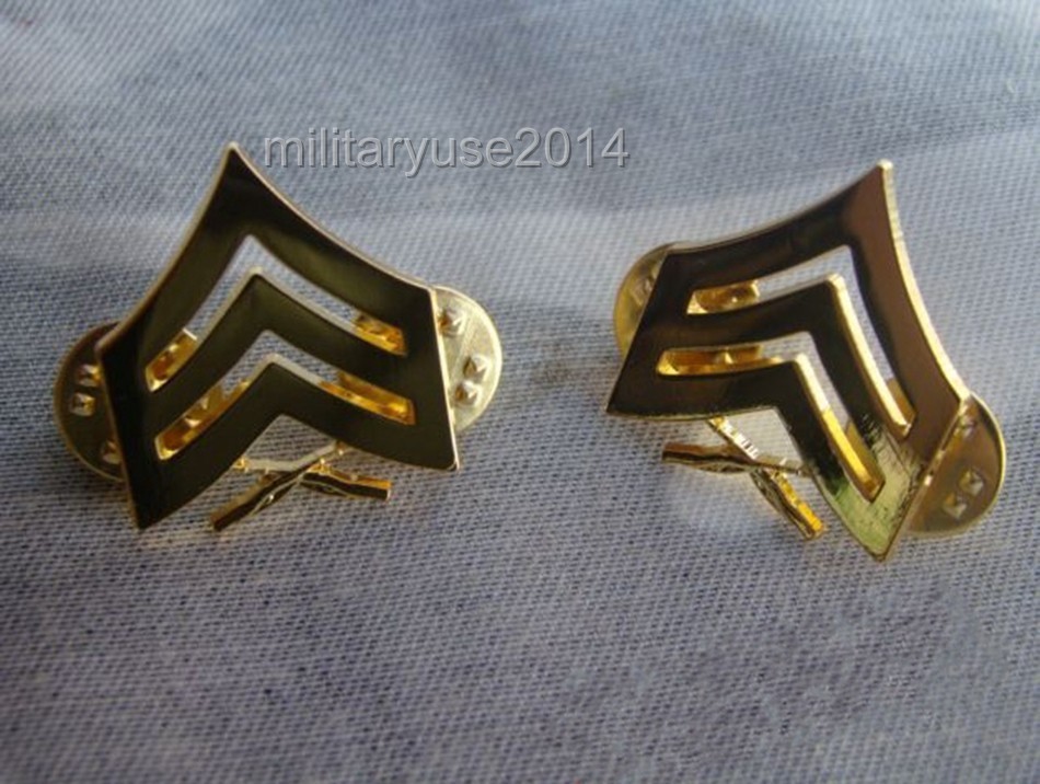 Pair of US USMC Marine Corps Sergeant Rank Insignia Metal Badge Pin Gold