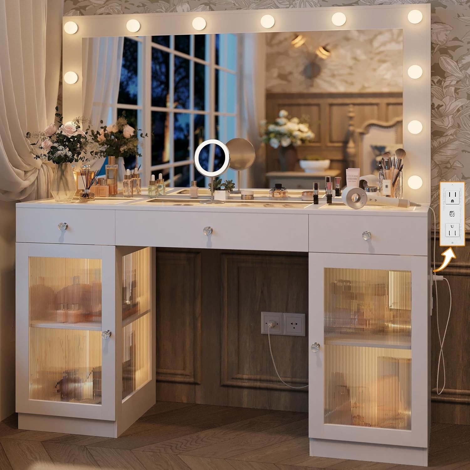 Vanity Desk with Large Mirror and Lights Glass Top Makeup Vanity with Lights