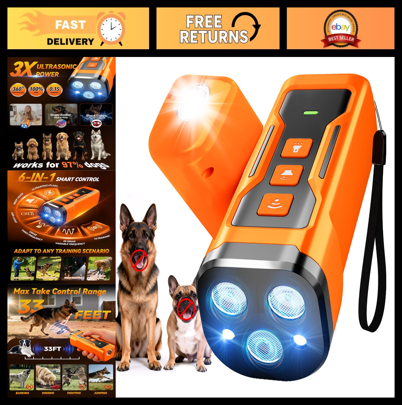 Ultrasonic Dog Bark Deterrent - 6 Modes, 33FT Range, Anti-Barking Device with Fl
