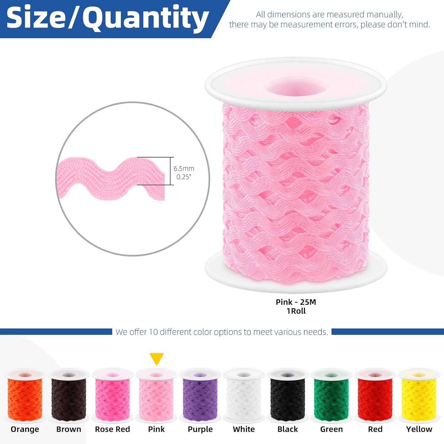 Glarks 1Pcs 27Yard/25M Pink Rick Rack Trim Ribbon Wave Sewing 27Yards/Pink