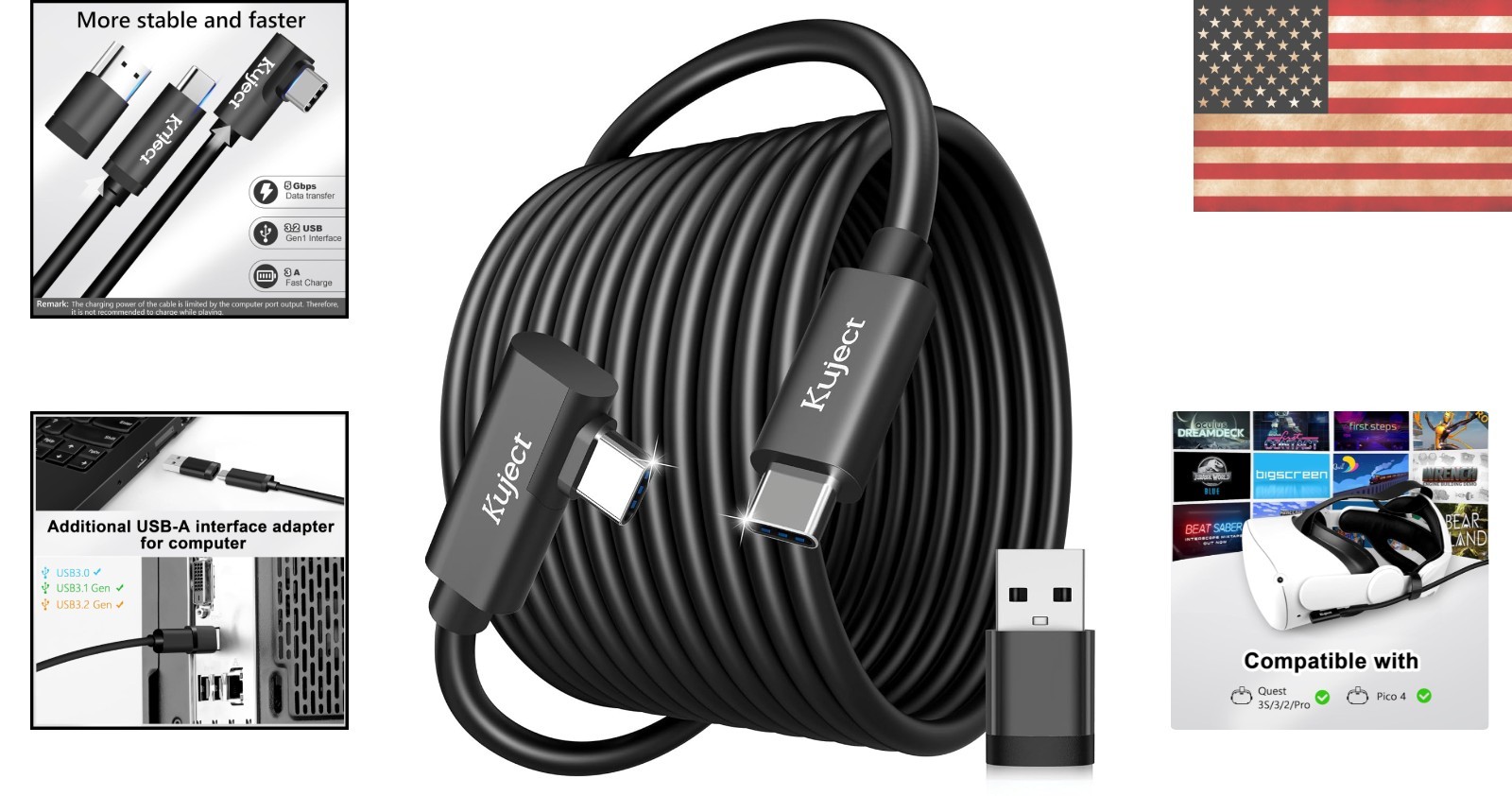 L-Shaped 16FT USB Link Cable for Seamless Quest 3/Pro VR Gaming Experience