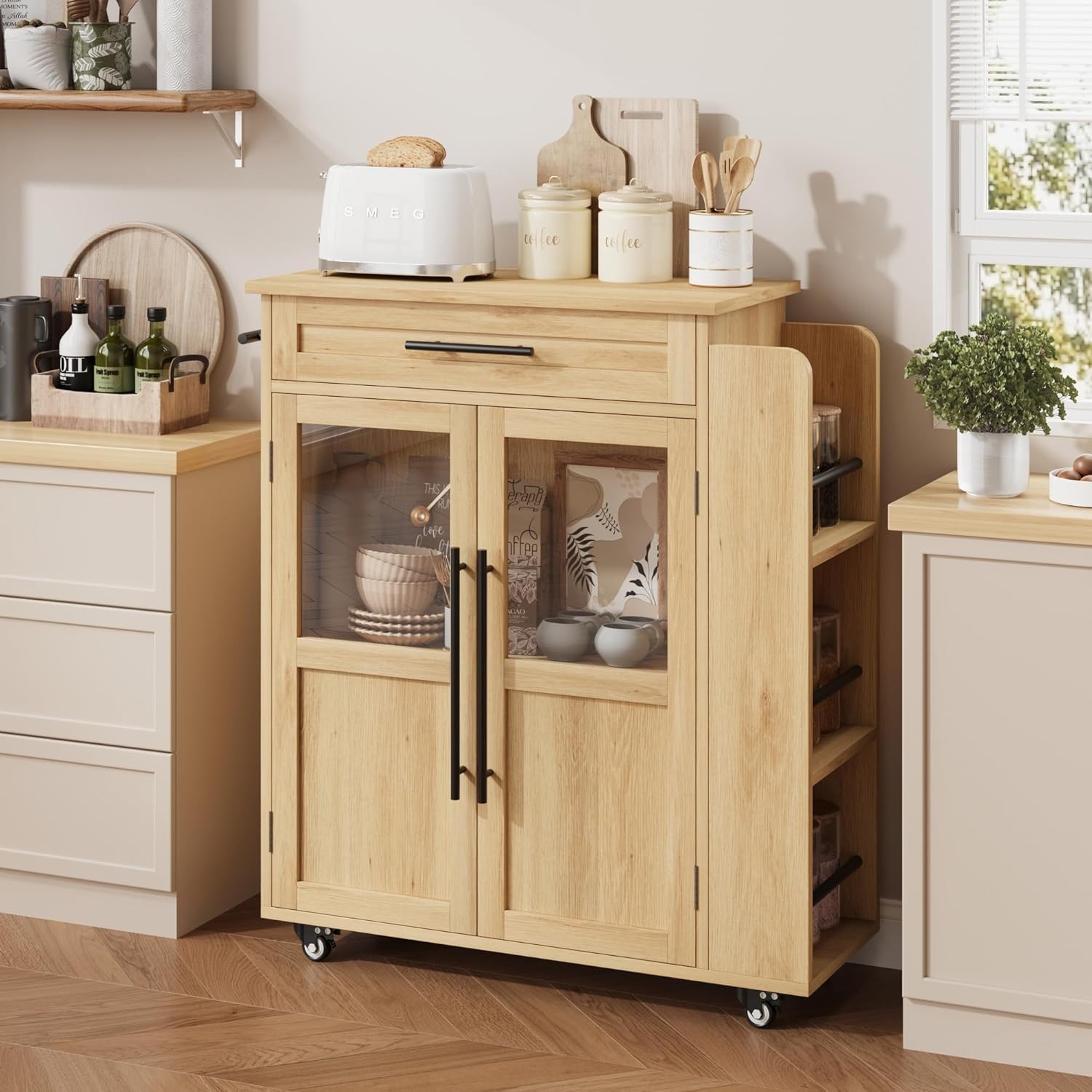 Mobile Kitchen Island Cart with 3 Spice Racks, Drawers & 360° Rolling Wheels