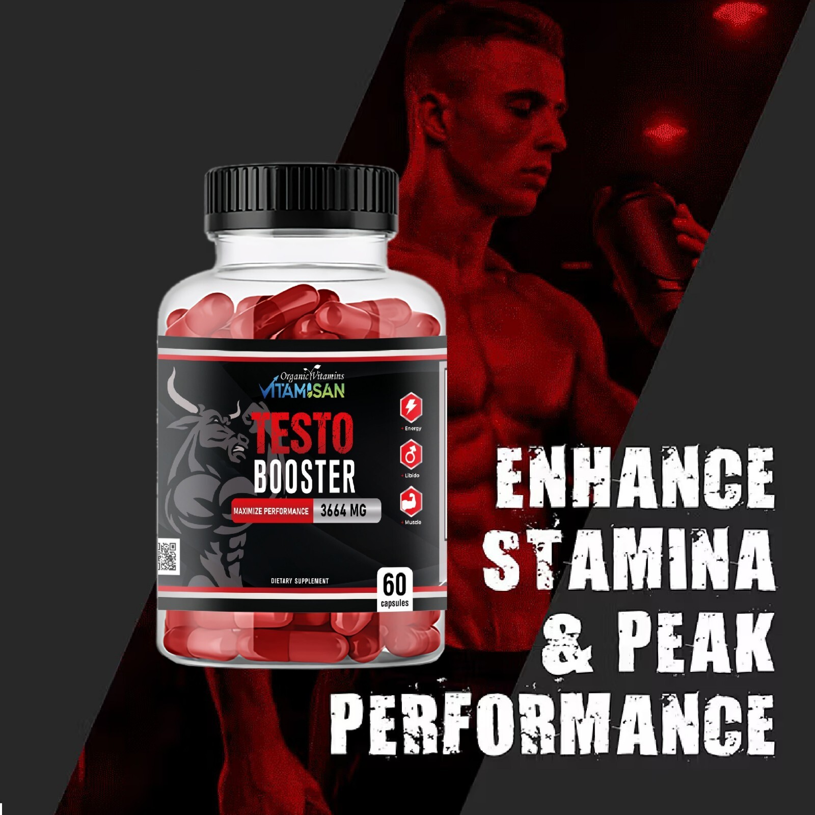 Testo Booster Supplement for Men 60 Caps | Vitality, Stamina, Energy | Vitamisan