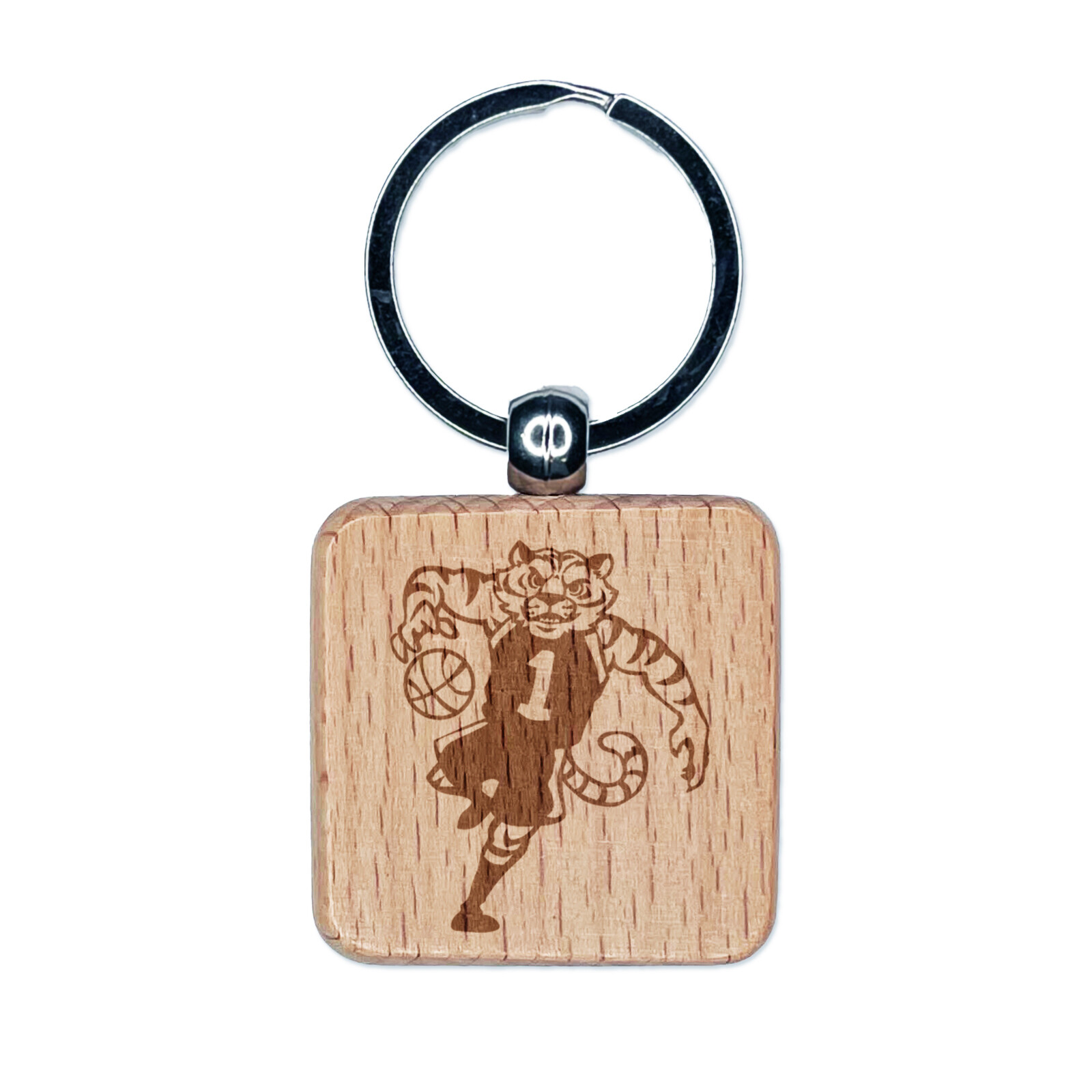 Tiger Playing Basketball Athletic Sports Engraved Wood Square Keychain Tag Charm