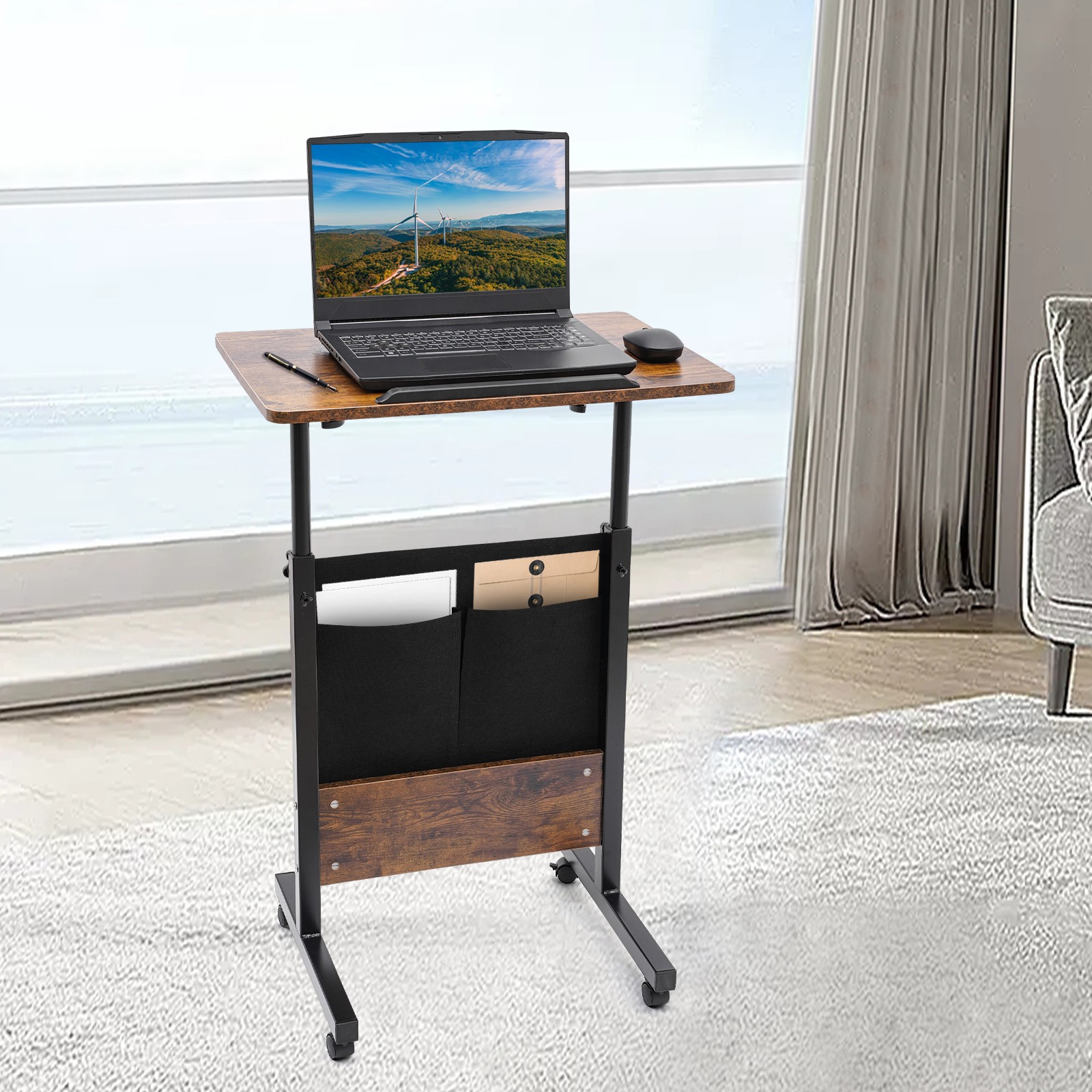 Rolling Adjustable Laptop Desk 32-47in Mobile Standing Table w/ Storage