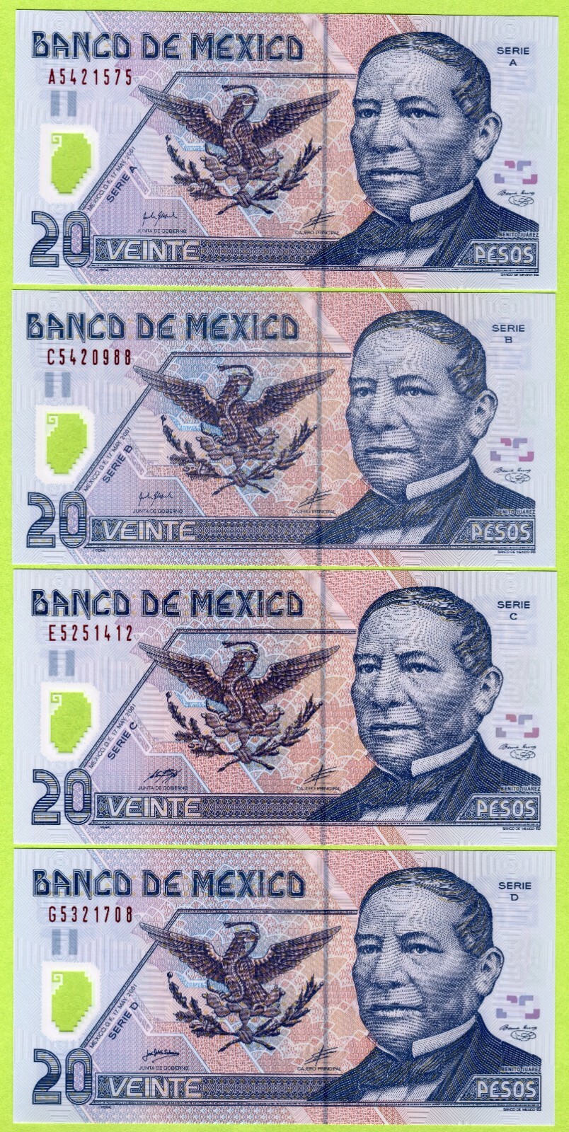 Mexico 20 Pesos 2001/2002/2003/2005 P116 UNC - Polymer