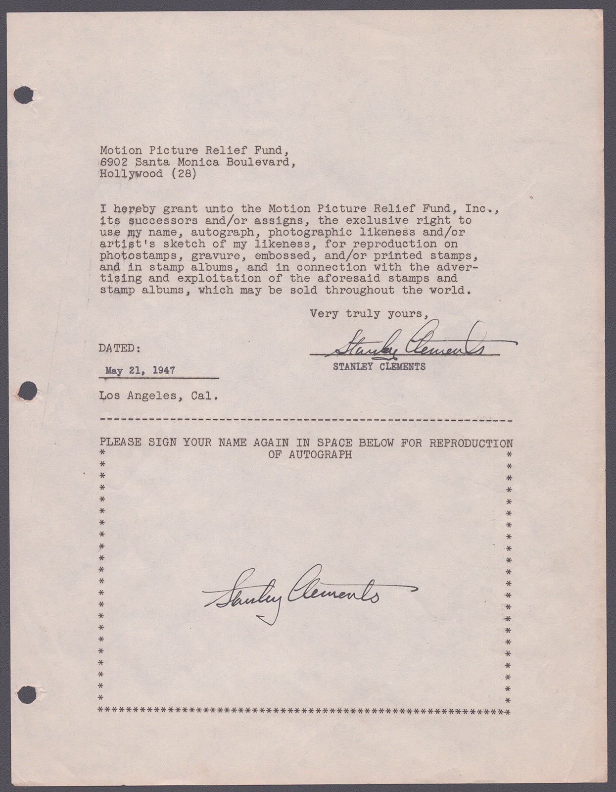 STANLEY CLEMENTS - DOCUMENT DOUBLE SIGNED 05/21/1947