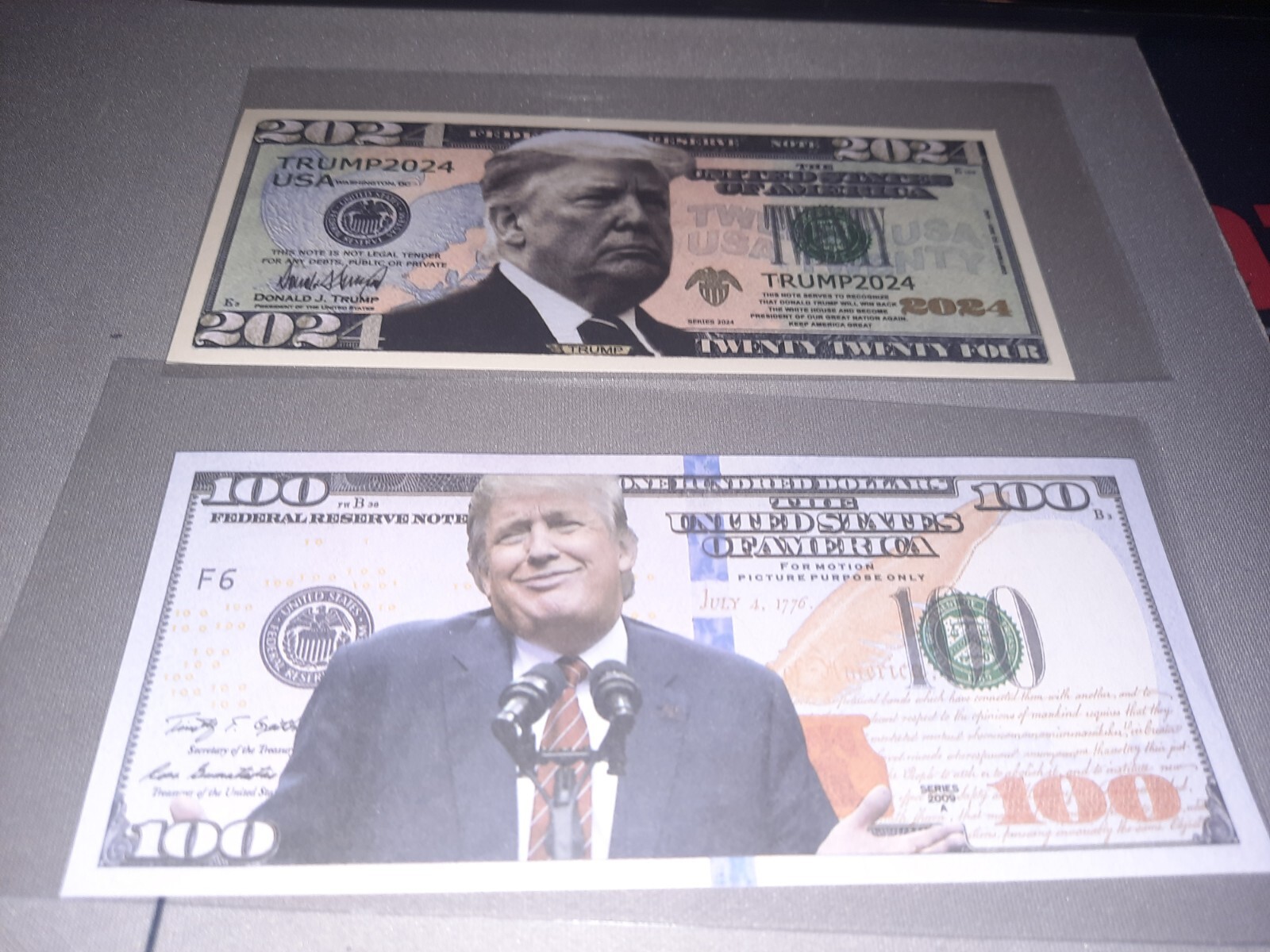 Set Of 4 Donald Trump 2024 & $100 Prank Fake Presidential Bills MAGA USA 45 47