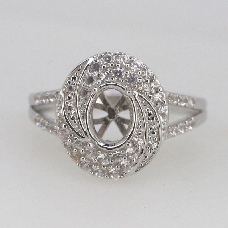 8x6mm Oval Cut Semi Mount Women Ring 925 Sterling Silver Swirl Cluster Halo Ring