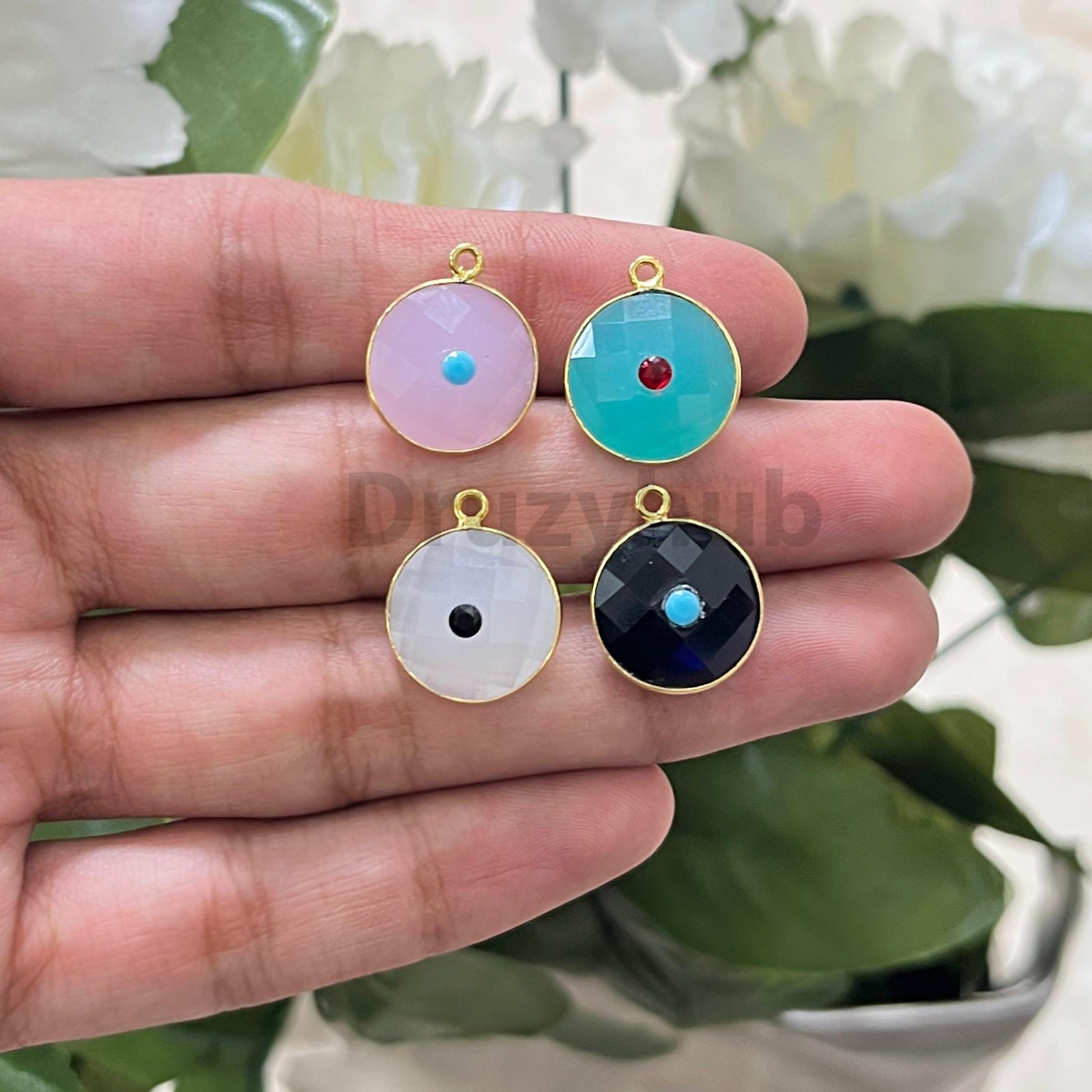 Round Cut Chalcedony with Tiny CZ Stone Gold Plated Loop Pendant Charm Connector