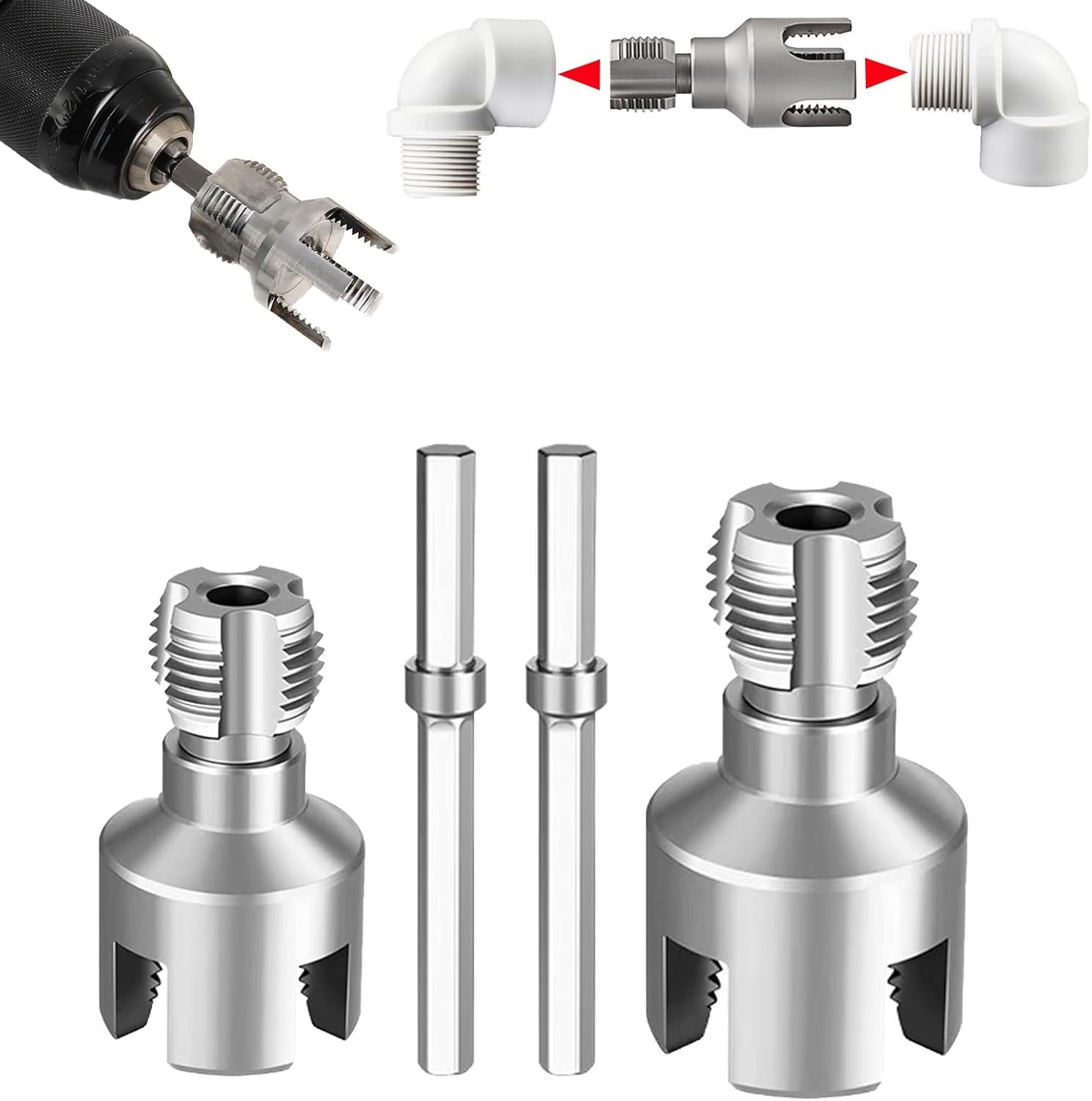 PVC Pipe Threader Kit, 2 Piece Set, 1/2" 3/4" NPT Sizes, Dual-Function Intern