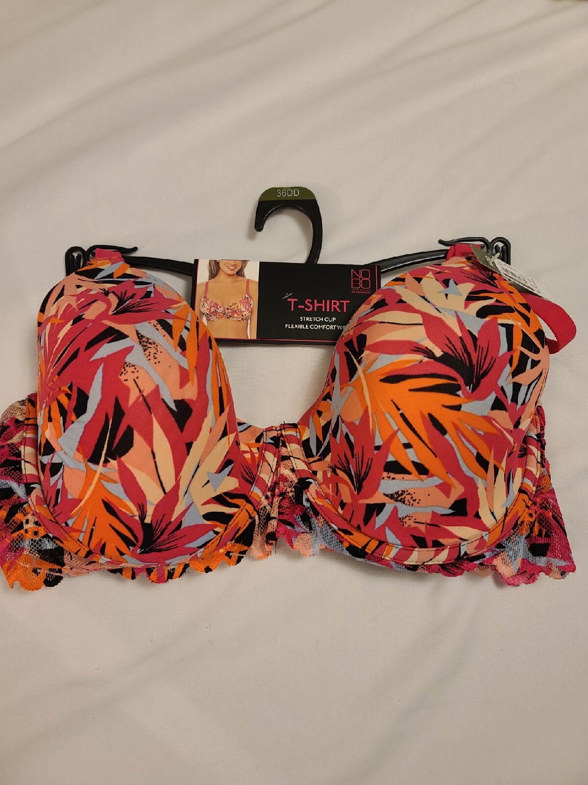 NWT No Boundaries Floral Print W/Neon Pink Straps Underwire Padded Bra; Sz 36DD