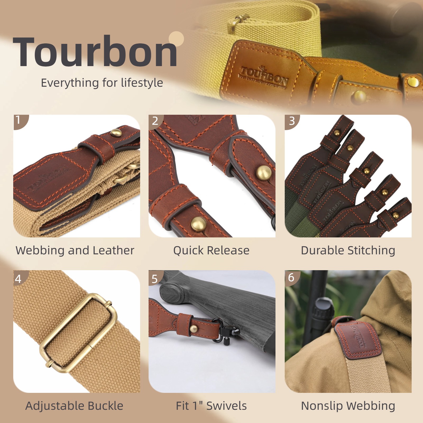 Tourbon Gun Sling Rifle Strap Webbing Leather Quick Release Shooting Adjustable