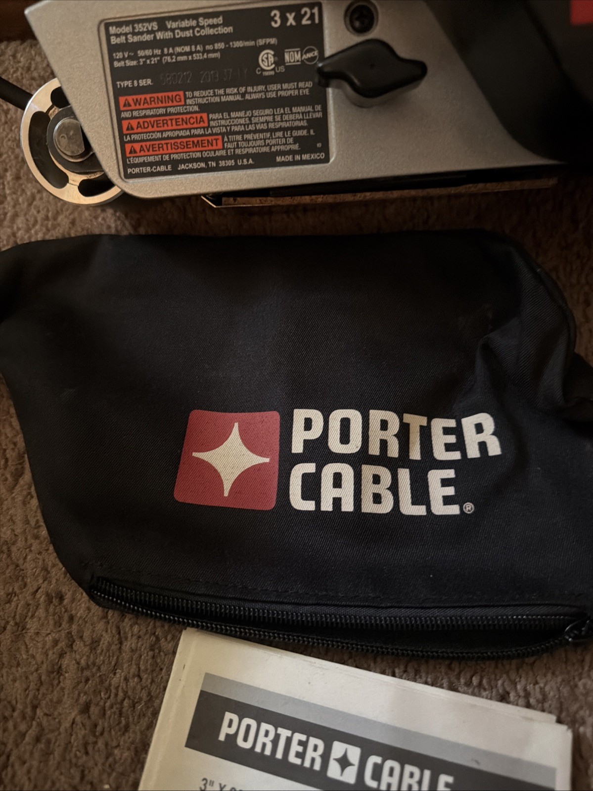 Porter Cable 352VS Type 4, 3" x 21" Variable Speed Belt Sander, w/ Dust Bag