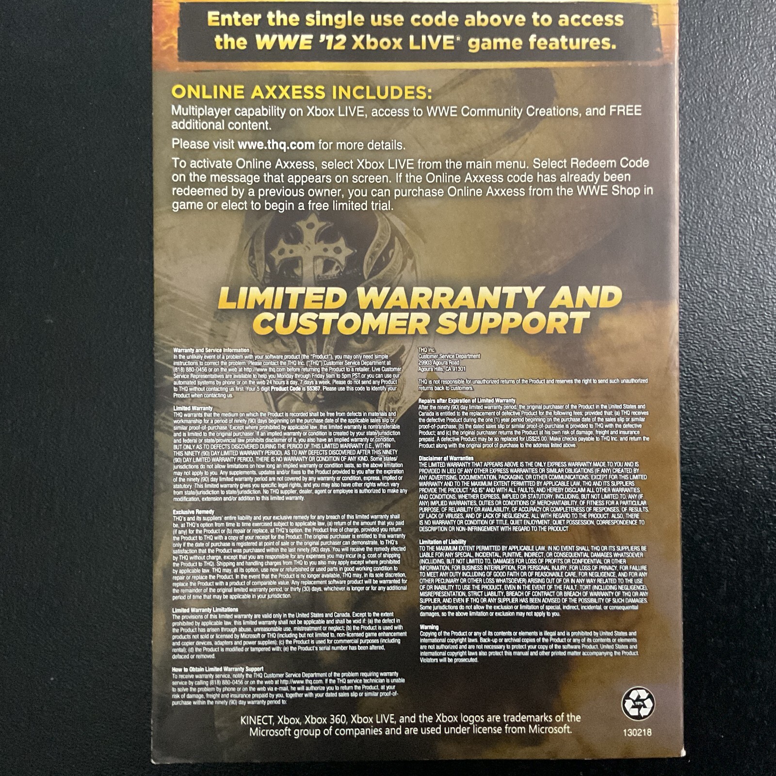 WWE '12 Microsoft Xbox 360 Instruction Manual Only